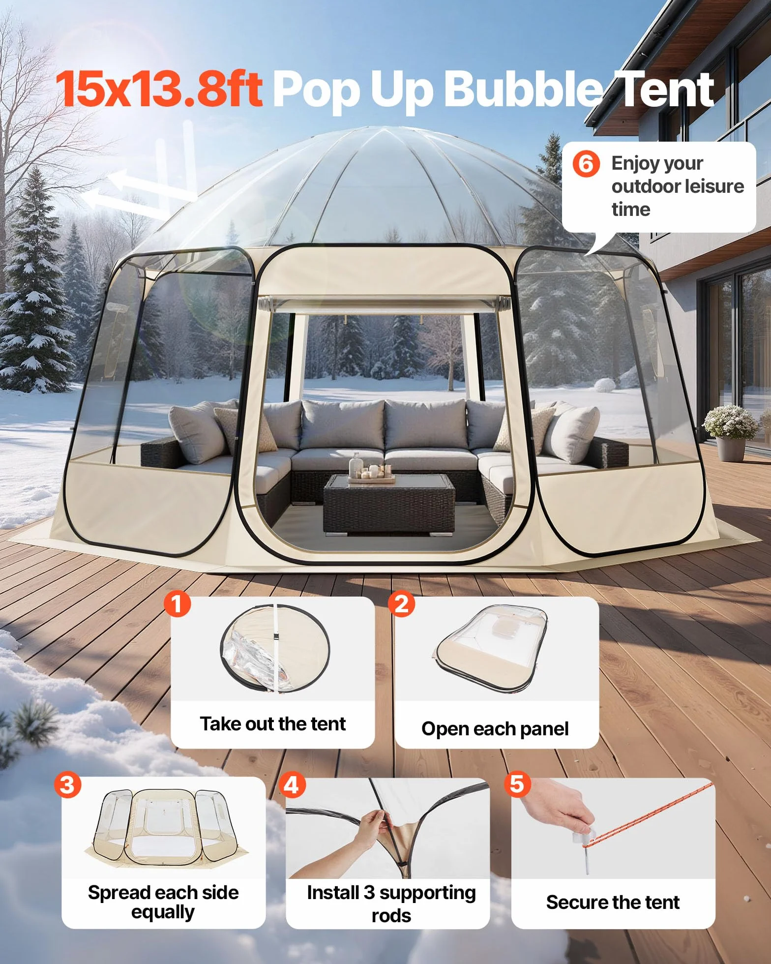 VEVOR Tienda de Campaña Plegable, 458 x 432 x 230 cm, Impermeable y Resistente a Los Rayos UV, Tienda Transparente con Ventanas y Vista Panorámica de 540° para 12-15 Personas para Patio y Jardín