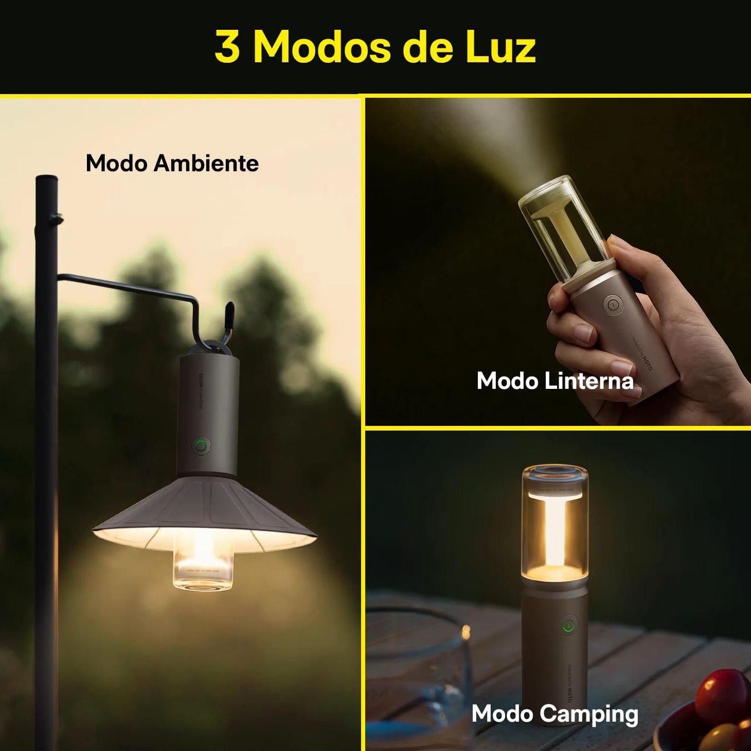 HOTO Linterna de Camping, Recargable por USB-C, Pantalla Desmontable | 8~50h, 3100 mAh, 3 Modos, 180 Lúmenes, IPX6, Adecuada para Acampar, Senderismo, Montañismo, Uso Doméstico