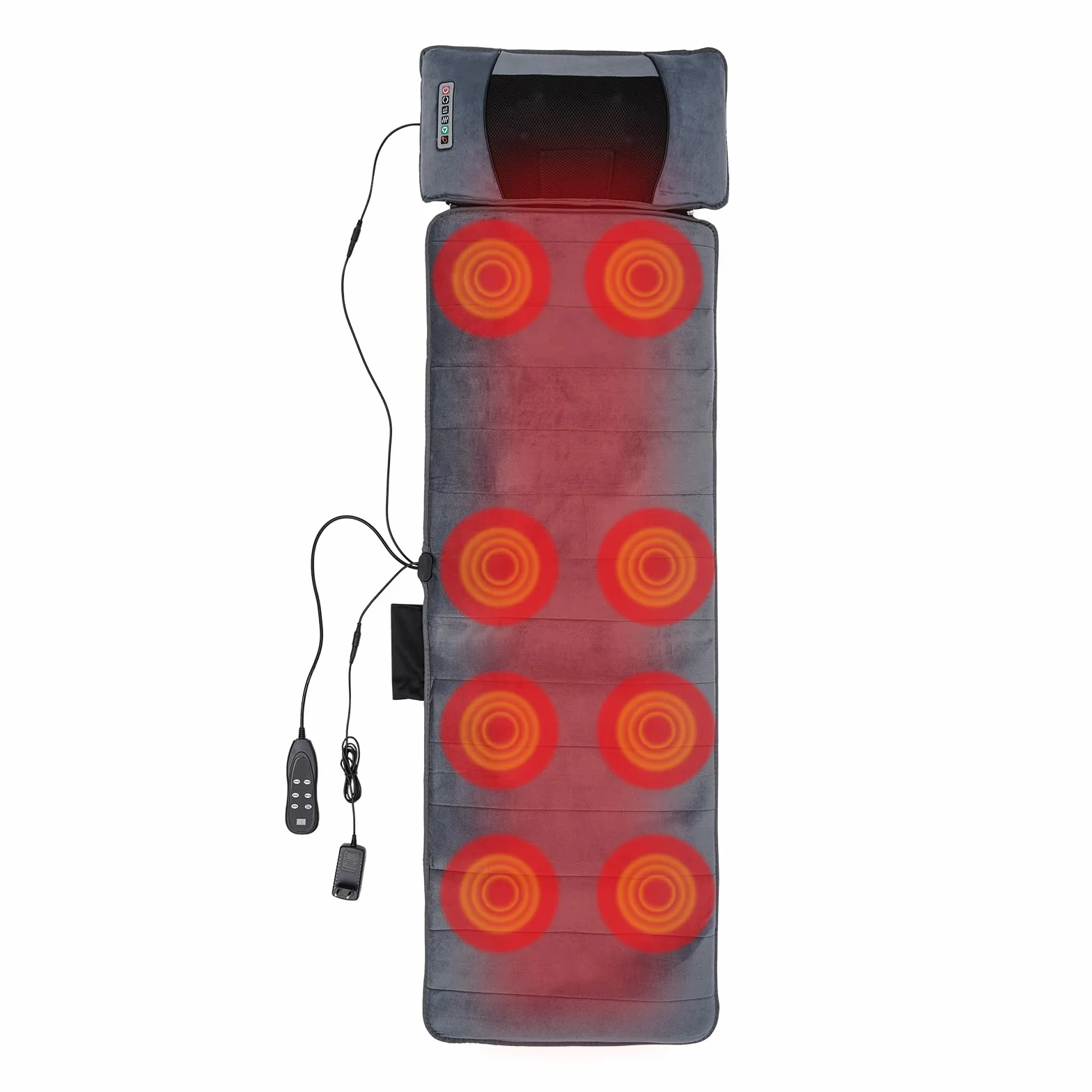 Cojín de masaje eléctrico con calor para cuello, espalda y hombros, 20 cabezales, mando a distancia, gris, 126 x 50 cm