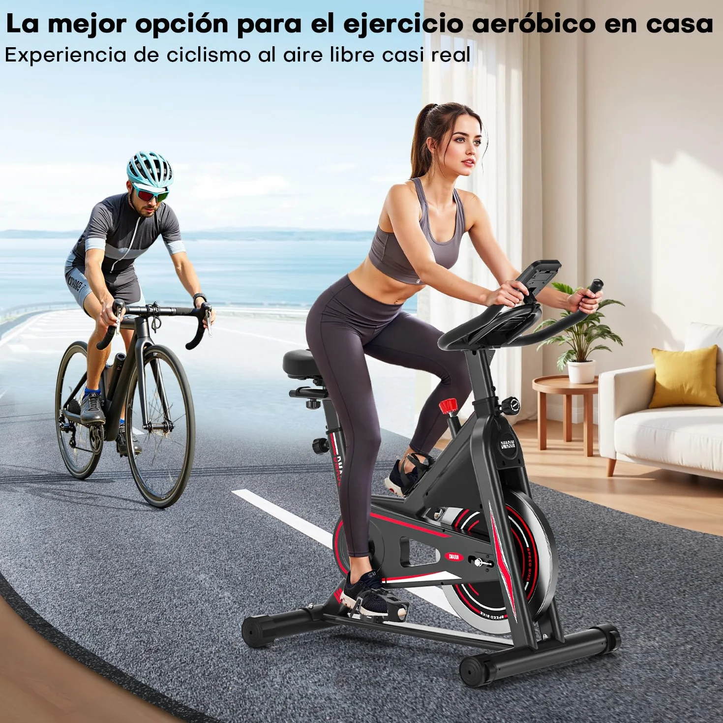 DMASUN Bicicleta Estática en Casa con Resistencia Ajustable, Bicicleta Spinning Silenciosa con Monitor LED, Cómodo Cojín de Asiento, Asientos Cómodos Transpirables Capacidad de 160 KG