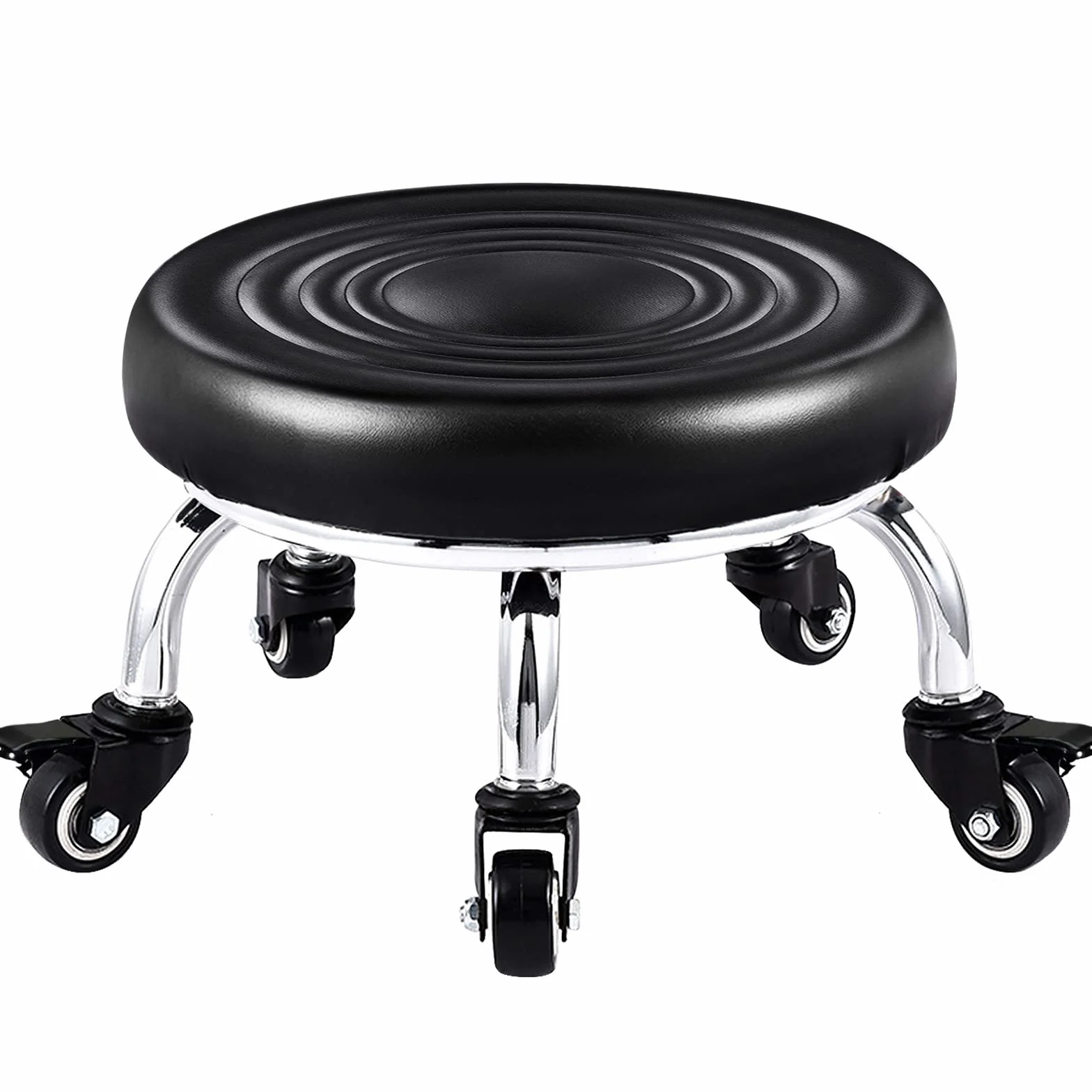 Taburete Giratorio Ajustable con Ruedas Asiento Redondo Cuero Negro para Salón Masajes Peluquería SPA