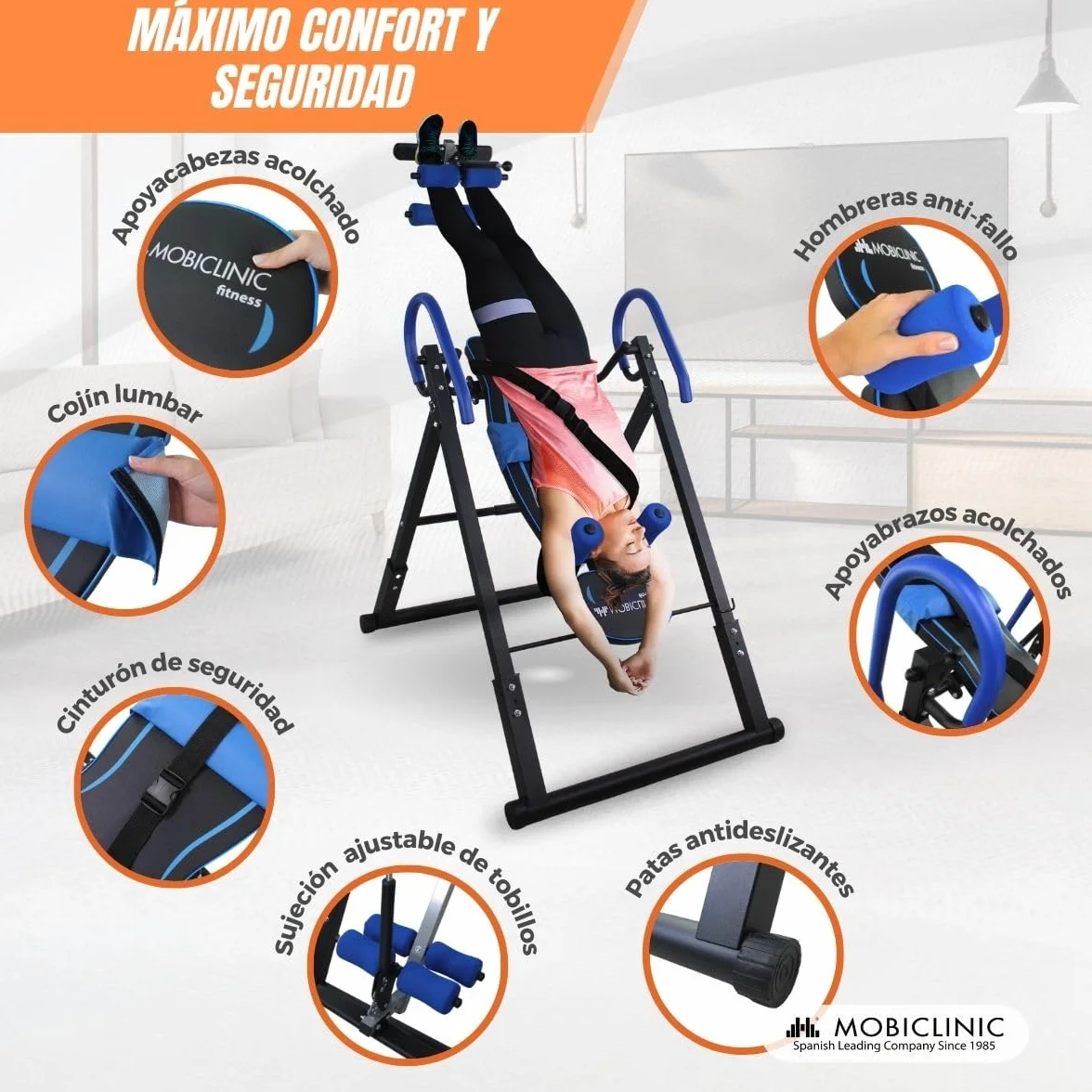 Mobiclinic® fitness, Tabla de inversión, Plegable, Inclinación 180º, Hasta 120 kg, Regulable, Cojín lumbar y reposacabezas, Cuatro sistemas seguridad, Estiramientos abdominales, Acero