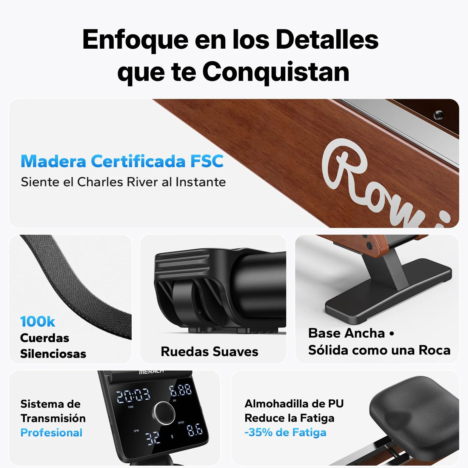 MERACH Máquina de Remo para Casa, Autogeneración, Resistencia Magnética Máxima Mejorada de 60 kg, Ajuste Automático de Resistencia, Rieles Dobles de Madera, Pantalla LED / 21,5" (R7) (LED (Q3))