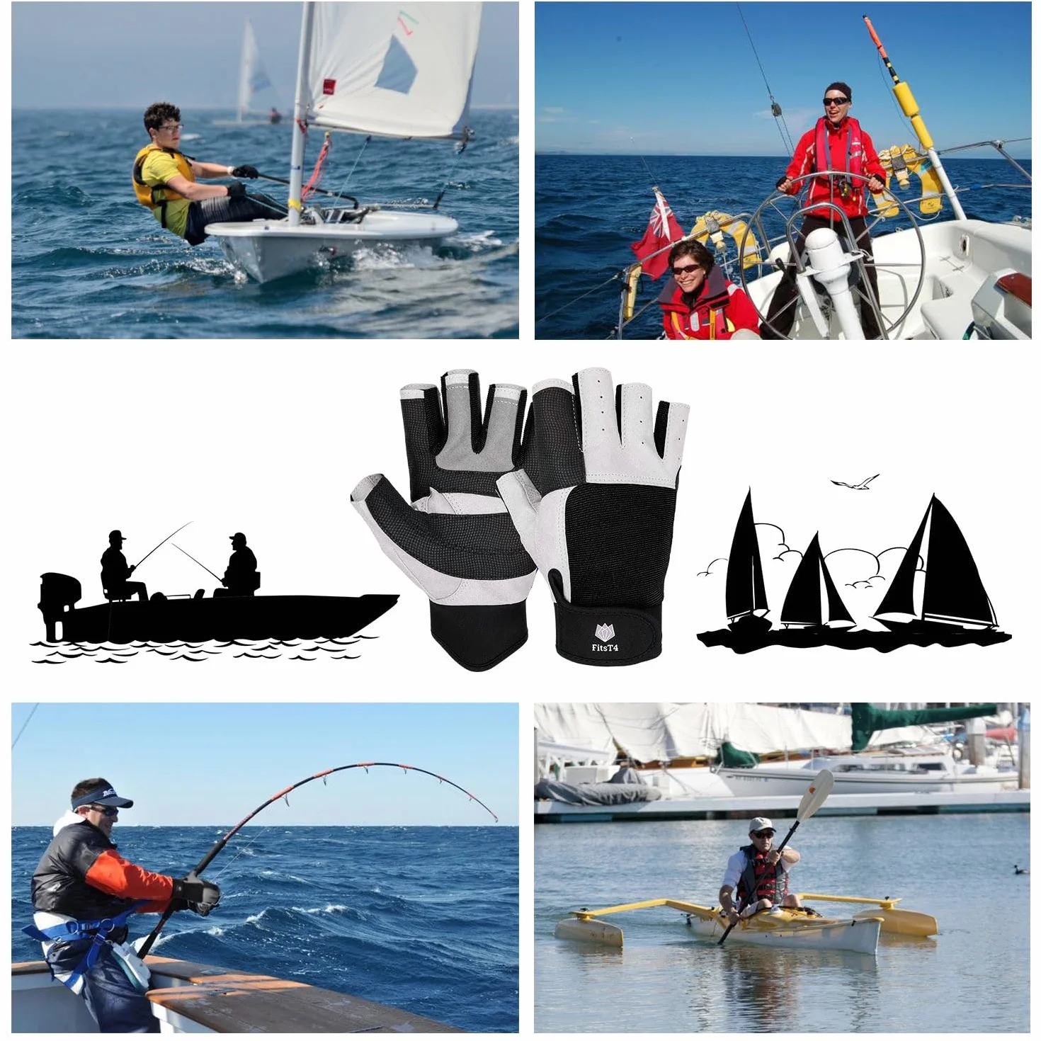 FitsT4 Sports Guantes de Vela con Dedos ¾ y Agarre Ideal para navegar, Yates, Deportes de Vela, Remo, Kayak, Pesca, Botes neumáticos, Deportes acuáticos con embarcaciones