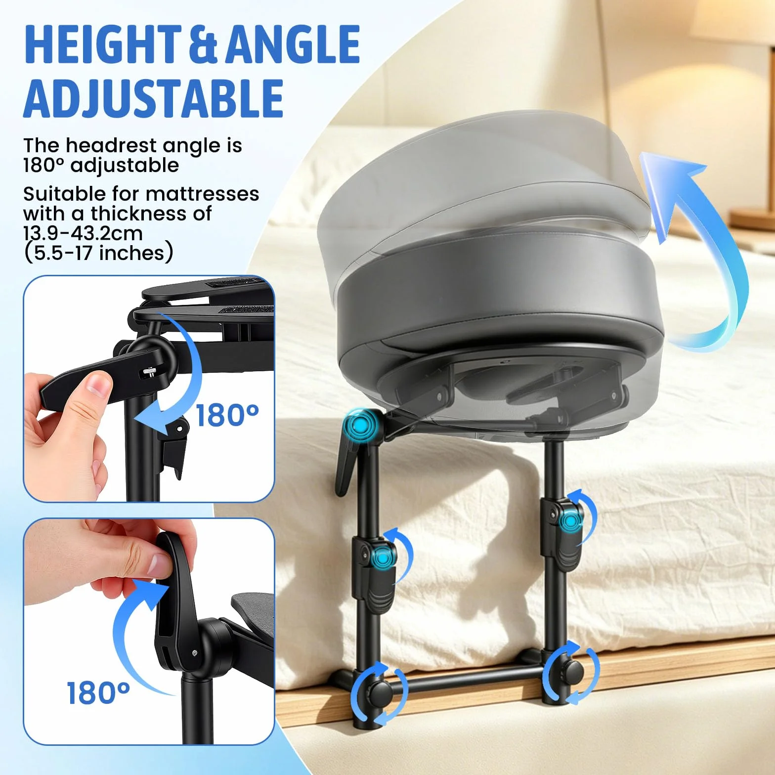 Reposacabezas de masaje ajustable para cama, soporte facial colchón 14-45cm, gris