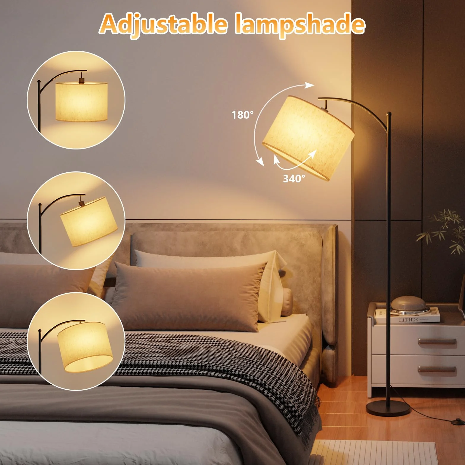 Lampara de Pie con Control Remoto, Pantalla de Lino, Atenuación Continua, Bombilla LED E27 6W