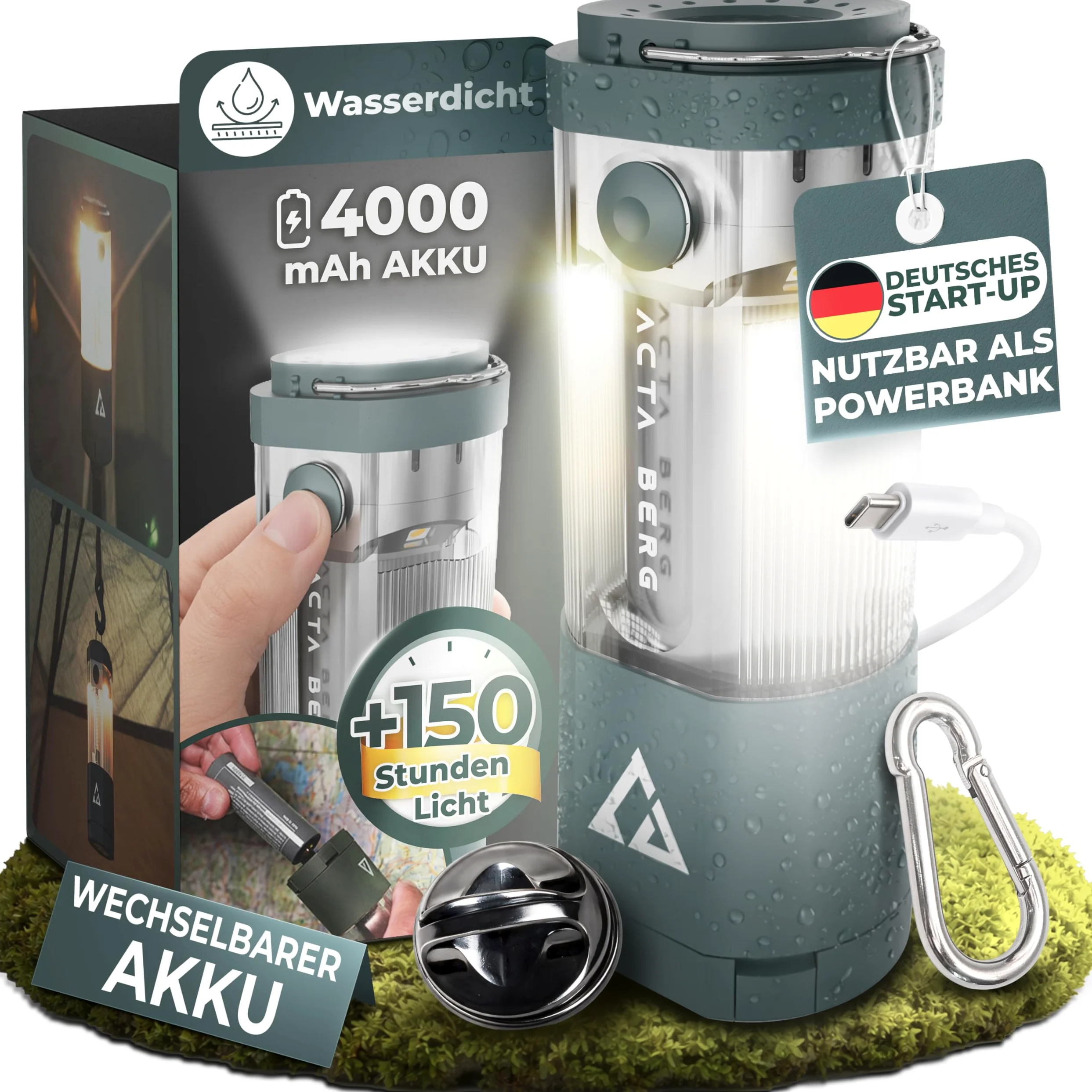 Acta Berg Lámpara LED de camping de 450 lúmenes – recargable con batería y banco de energía (4000 mAh), hasta 150 h de autonomía, IP44 resistente al agua, lámpara de tienda de campaña, linterna y