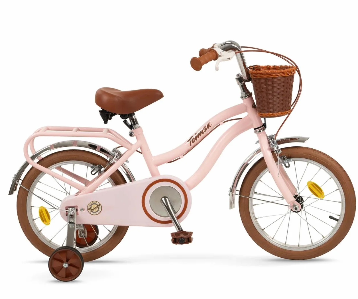 Toimsa - Bicicleta para Niños con Ruedines - Ruedas Hinchables 16 Pulgadas - Diseño Vintage Rosa - Sillin Regulable, Limitador Giro Manillar, Cesta Delantera y Portaequipajes - Bici Infantil +5 años