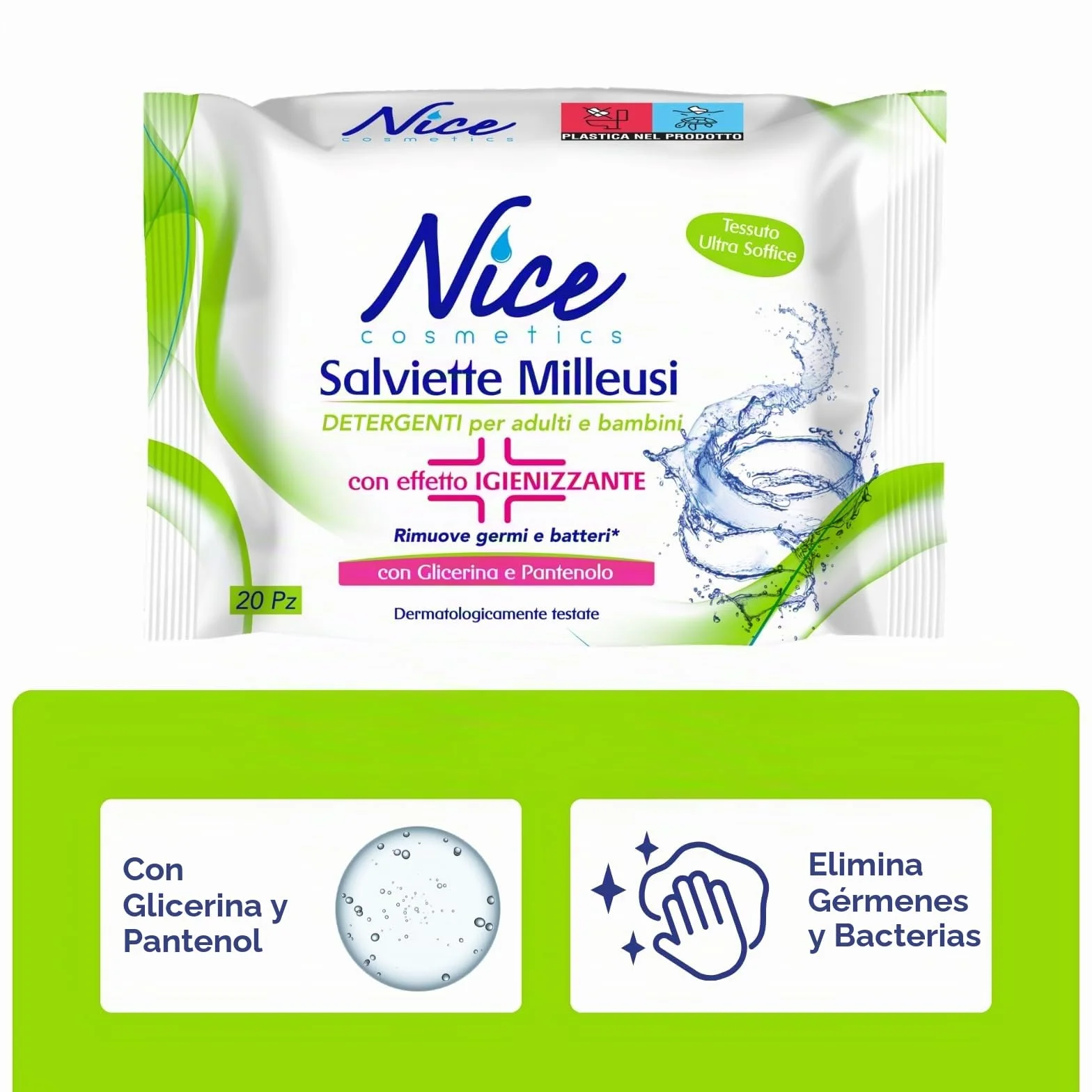 Nice Toallitas Desinfectantes Milleusi - Paquete de 20 Toallitas con Glicerina y Pantenol