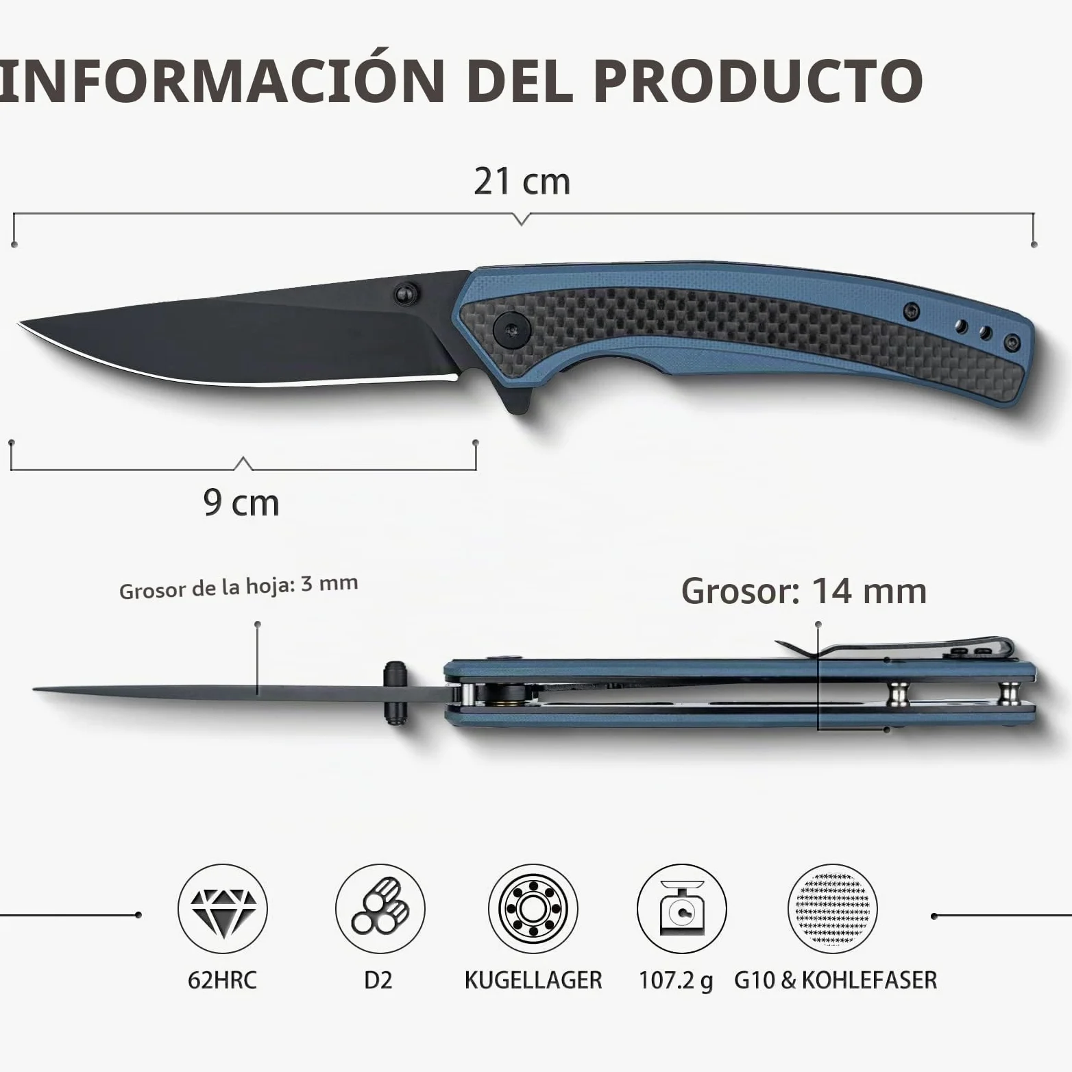 NedFoss Afilada navaja plegable, navaja de bolsillo con clip, cierre de forro seguro, Cuchillo de una mano de acero d2, adecuada para camping, Adecuado para camping, senderismo