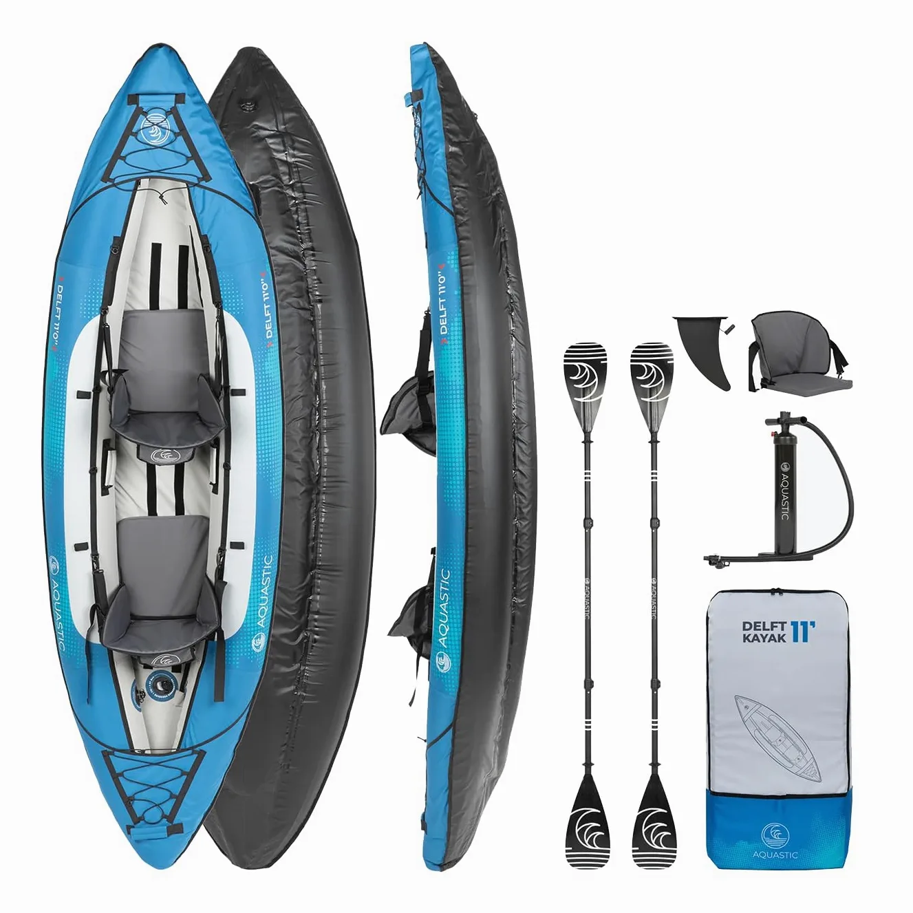 AQUASTIC Kayak DELF 11'0" Kayak Hinchable para 2 Personas con Dos Asientos Bomba Quilla Central y Funda Azul Kayak con Dimensiones 335x96 cm Ideal para Rafting y Excursiones Material PVC Resistente