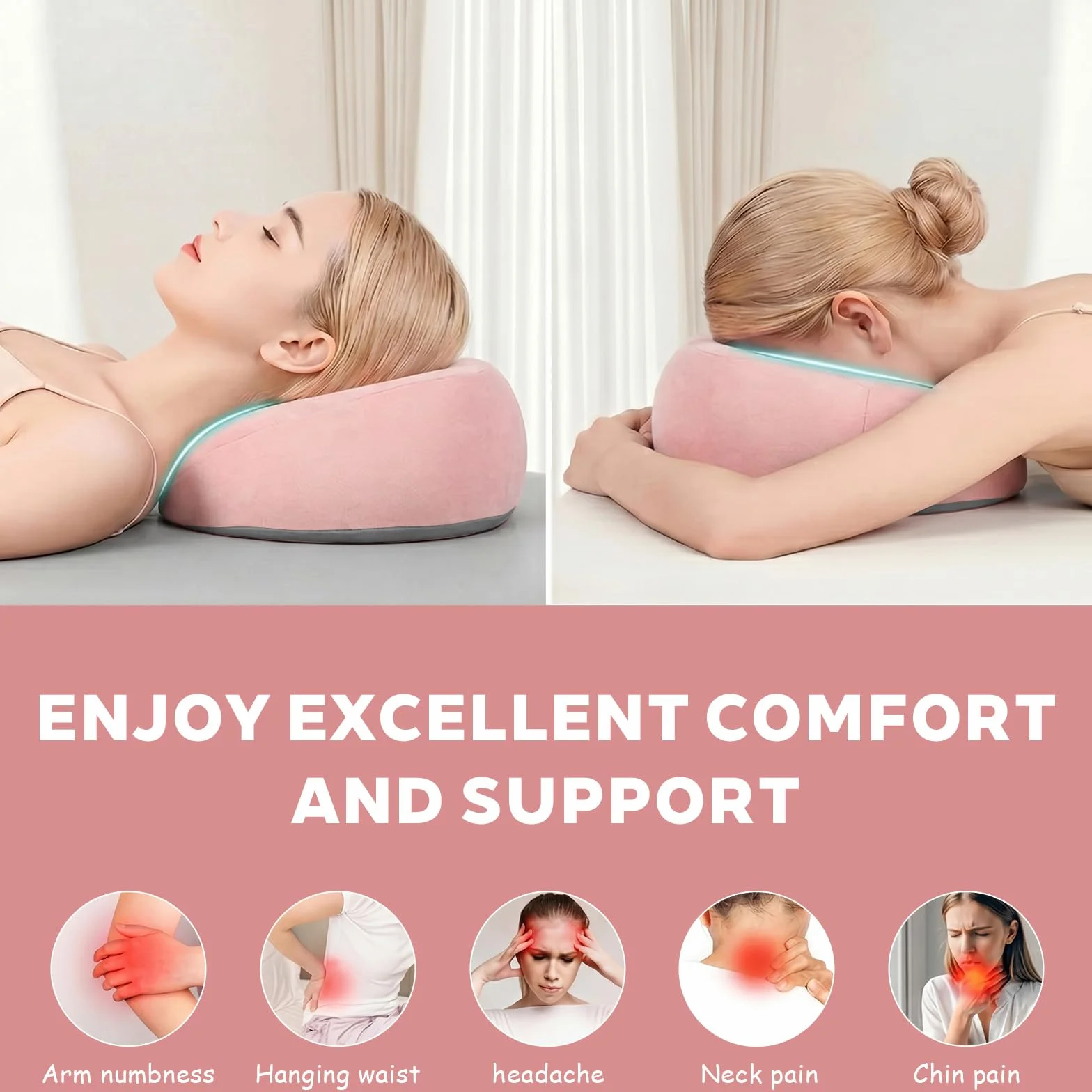 Almohada de Masaje Facial Boca Abajo con Agujero - Reposacabezas en Forma de U con Espuma Viscoelástica Rosa