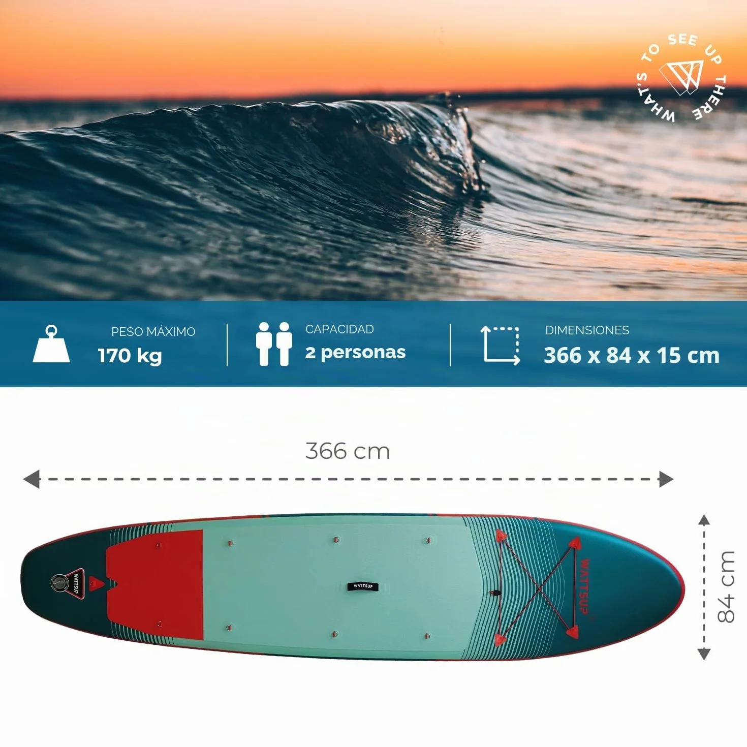 Wattsup - Sup Stand Up Paddle Inflable - Gama First - Dropstitch - Pack Completo: Remo, Leash, Bomba, Bolsa de Transporte