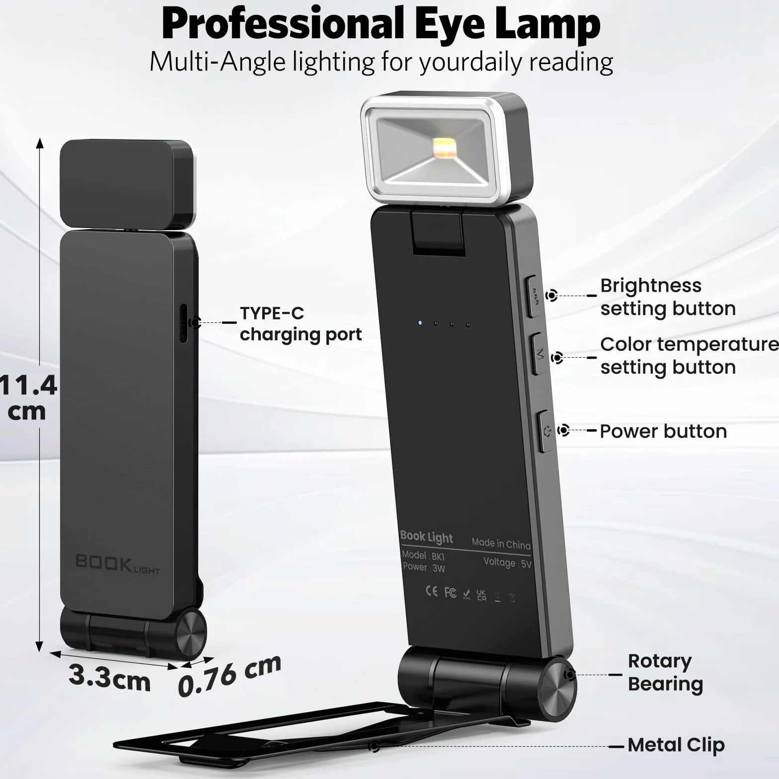 Lámpara de Lectura LED Recargable USB, 3 Colores y 3 Niveles de Brillo Ajustables, Protección Ocular