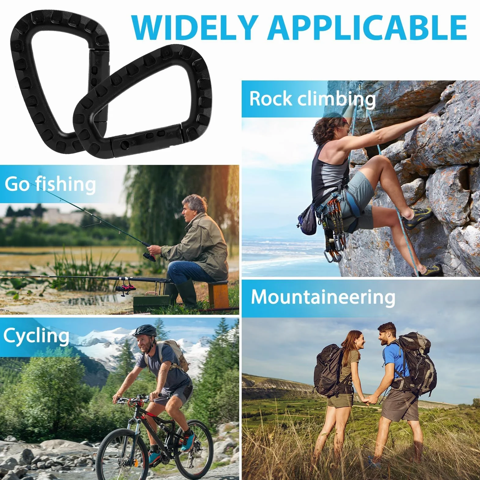12 Piezas mosqueton Grande tactico Escalada, Carabiners, D Shape Carabiner Negro de plástico tamaño (8,3 cm x 5,5 cm), para Actividades al Aire Libre como Camping, Senderismo y Viajes