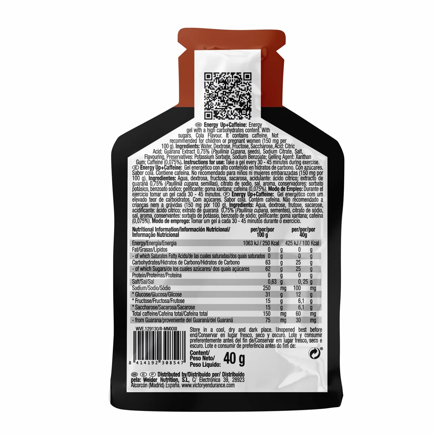 VICTORY ENDURANCE Energy Up Gel Cafeína Sabor Cola, con cafeína, con plus de sodio, 40 g (Paquete de 24)