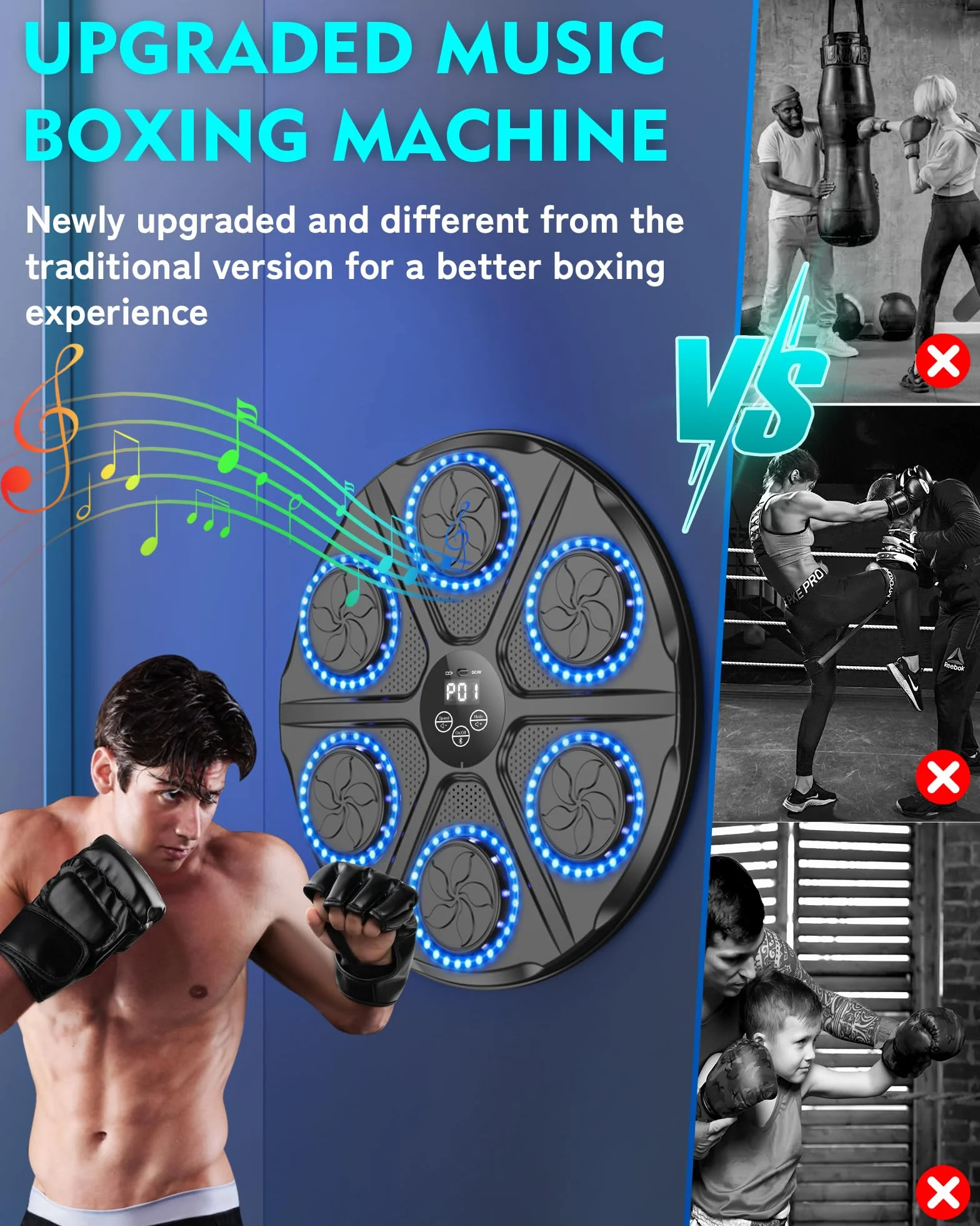 Máquina de Boxeo Musical Adulto 12 Modos Velocidad Boxeador Pared Guantes Bluetooth Recuento Inteligente Luces Ritmo
