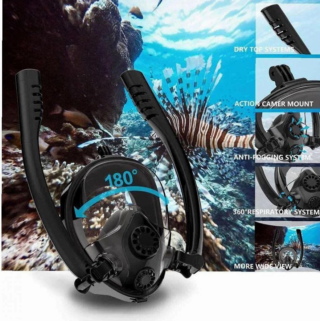 Dual Tubo Snorkel Respiración Snorkel Mascarilla Completa Anti-Fog Anti-Fugas Gafas De Buceo con Montura Doble Flujo De Aire Silicac