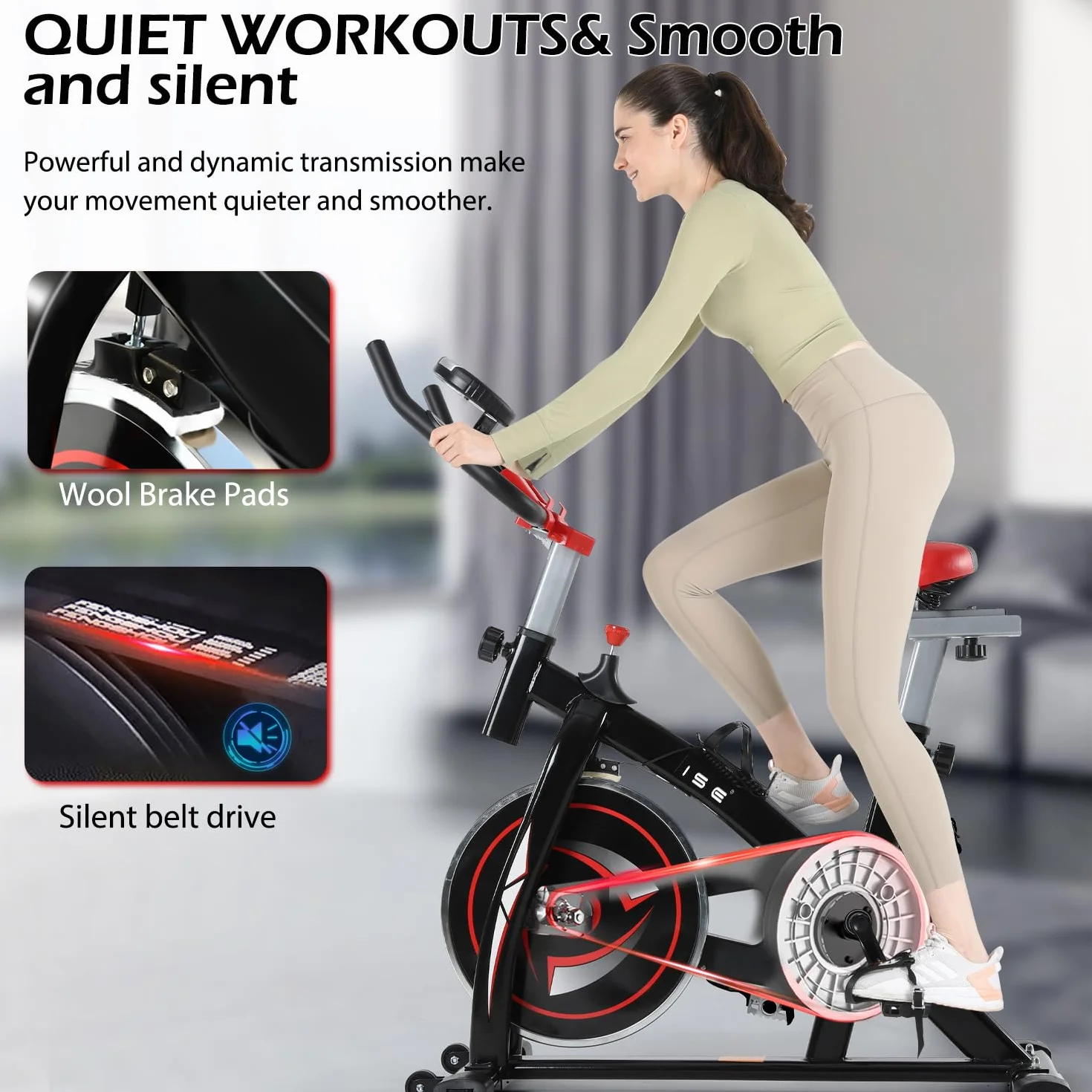 ISE Bicicleta Estática Indoor, Volante de Inercia 9KG, Bici Estatica Ajustable Resistencia, Bicicleta Profesional con Pantalla,Soporte, Sillín y Asa Ajustablesa, Max.120KG