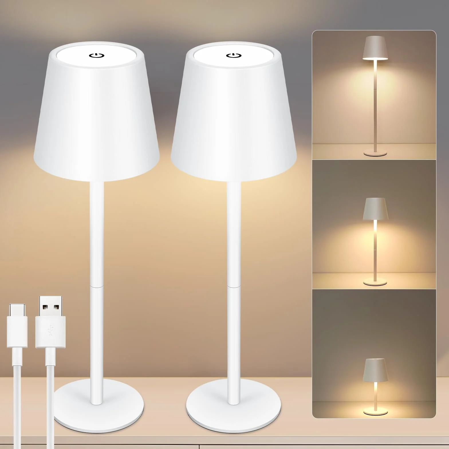 Lámparas LED de Mesa Inalámbrica con Batería 5000mAh USB-C 3 Temperaturas de Color Ajuste Táctil IP54 Resistente al Agua