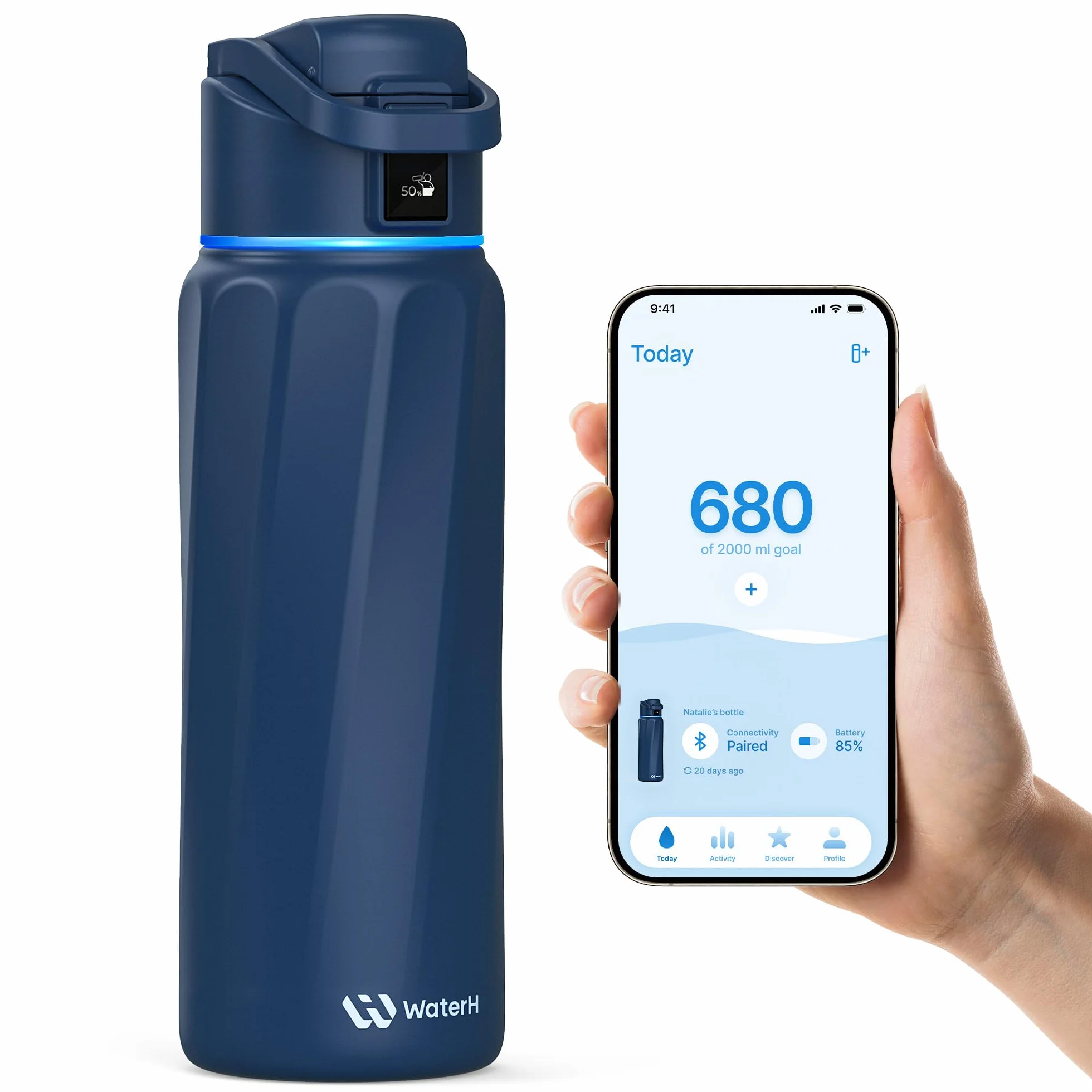 WATERH BOOST - Botella de agua inteligente con recordatorio y rastreador, botellas de acero inoxidable con aislamiento al vacío de doble pared, 946 ml,