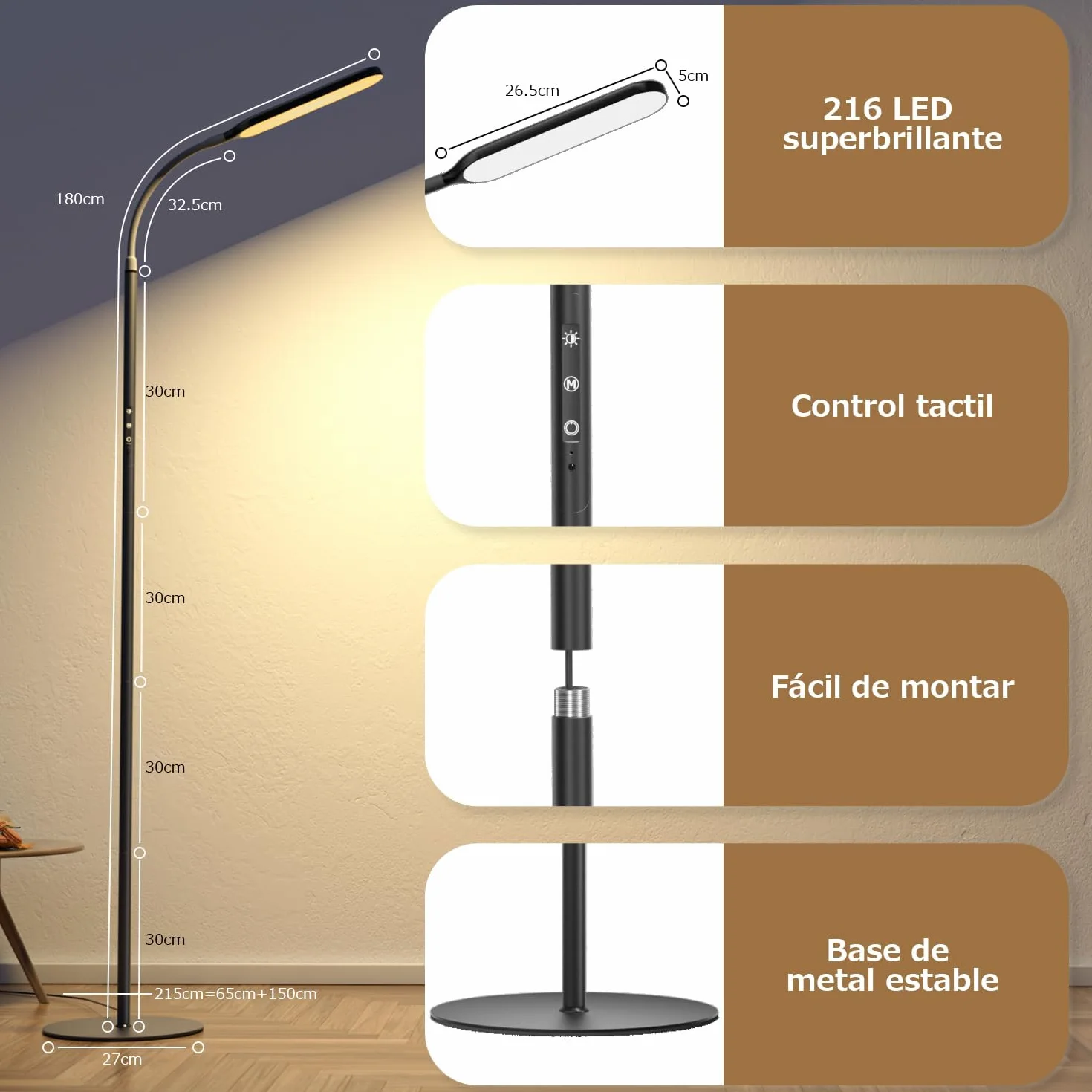 OUSFOT Lámpara de pie LED regulable 170 cm 3000-4000-6000 K Control táctil y remoto