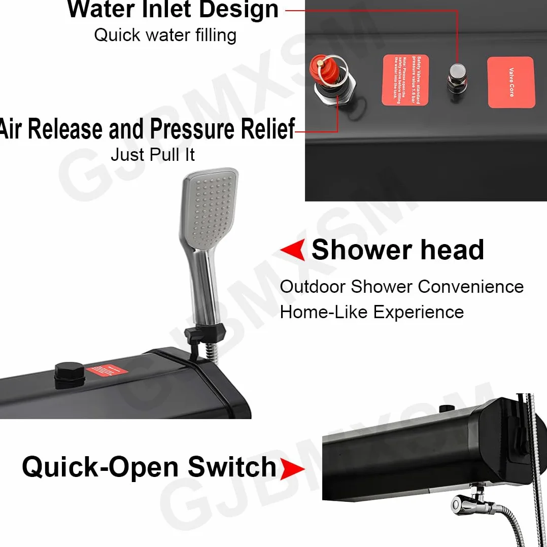 Depósito de agua presurizado portátil con manguera y boquilla para duchas al aire libre y limpieza de vehículos, ligero y duradero para acampar y uso fuera de la red