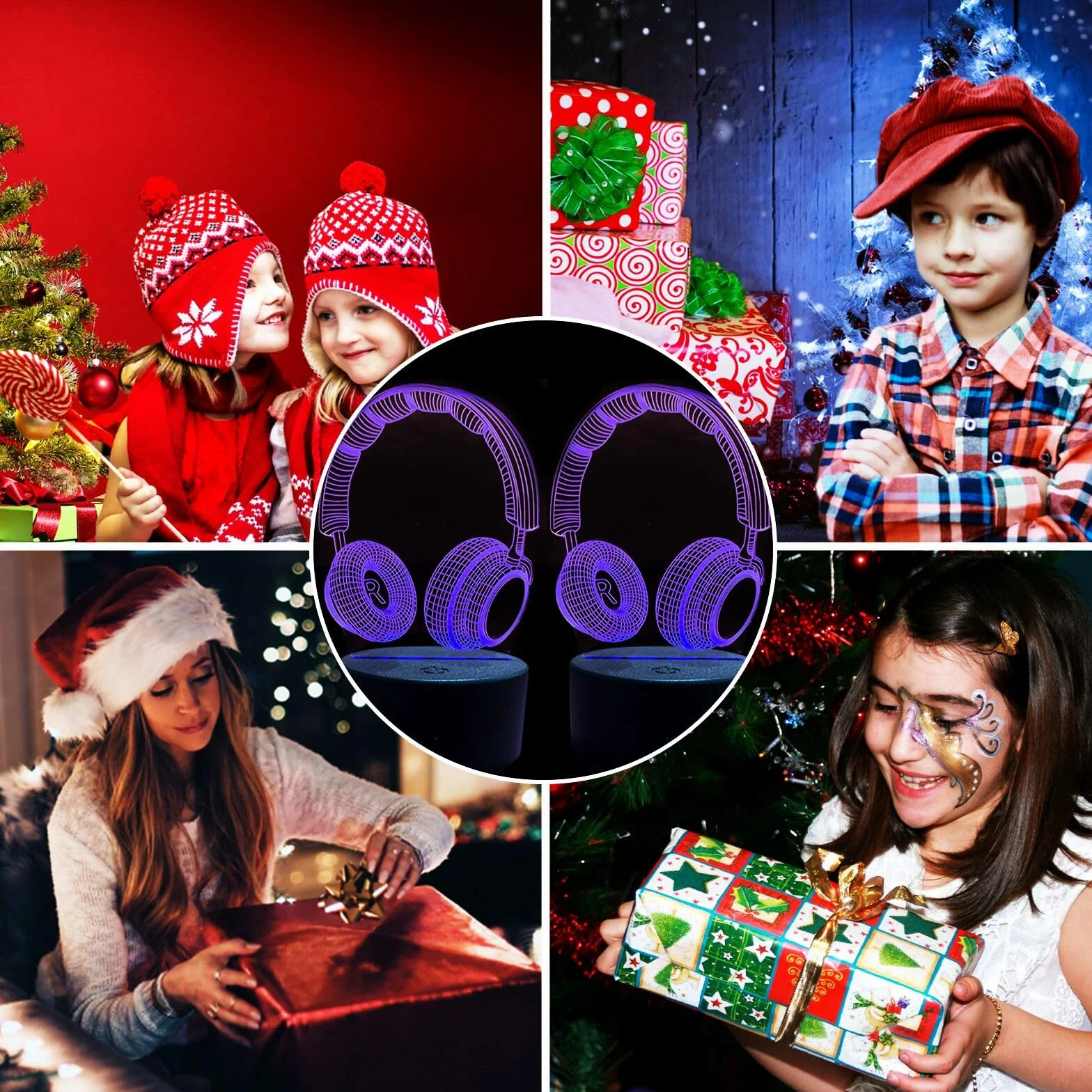 Luz nocturna 3D para niños, auriculares de ilusión óptica, 16 colores, decoración de cumpleaños Navidad Halloween