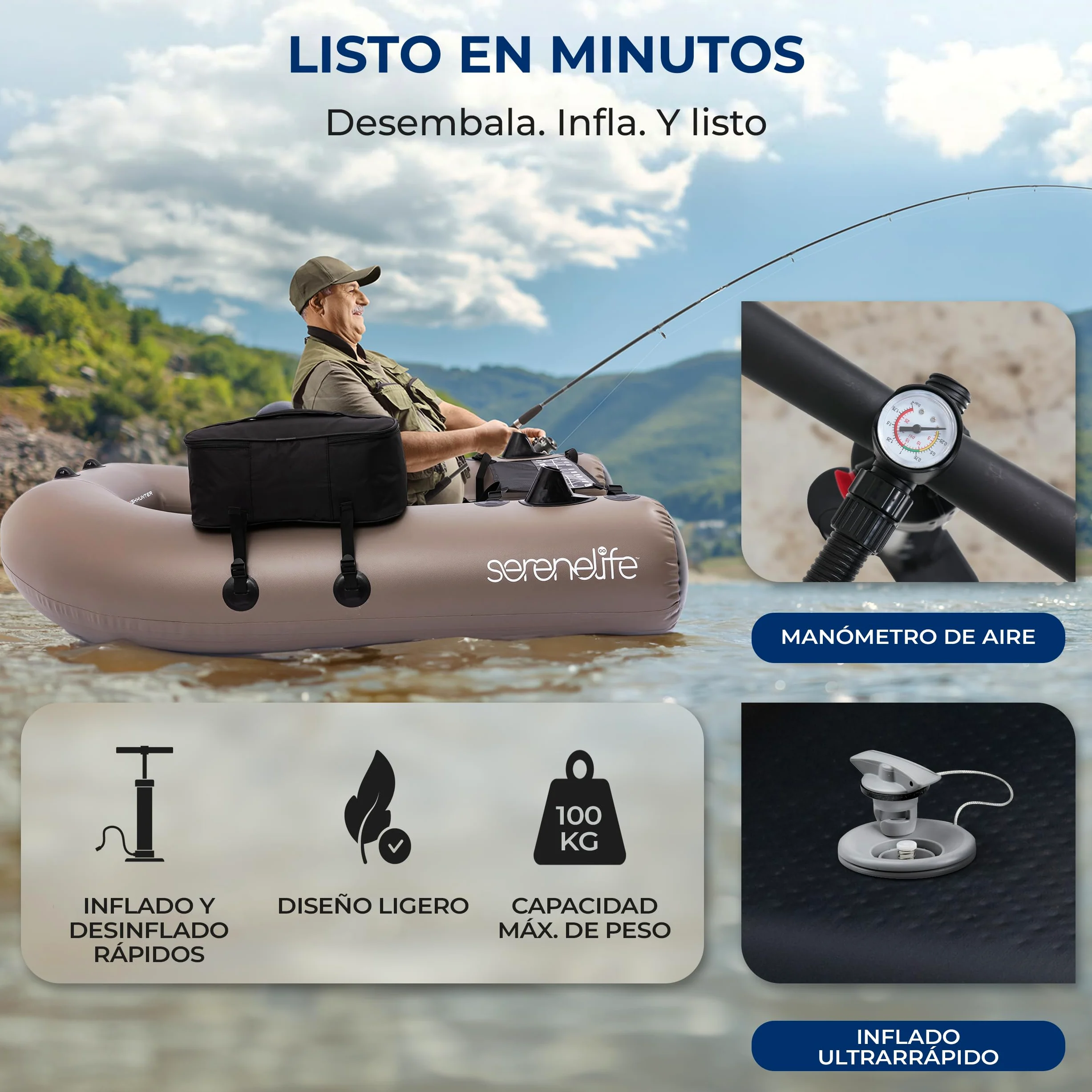 SereneLife Barca Hinchable de Pesca, Asiento Ajustable, Respaldo, con Bolsa de Transporte y Kit de Reparacion