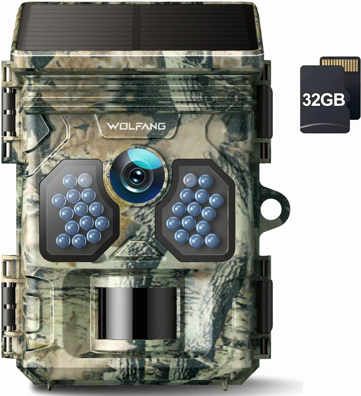 WOLFANG Cámara de Caza Solar 4K 48MP, Camara Fototrampeo con Visión Nocturna, Disparo de 0.1 s, IP66 Impermeable, Camara Caza para Monitoreo de Vida Silvestre con Tarjeta Micro SD 32GB