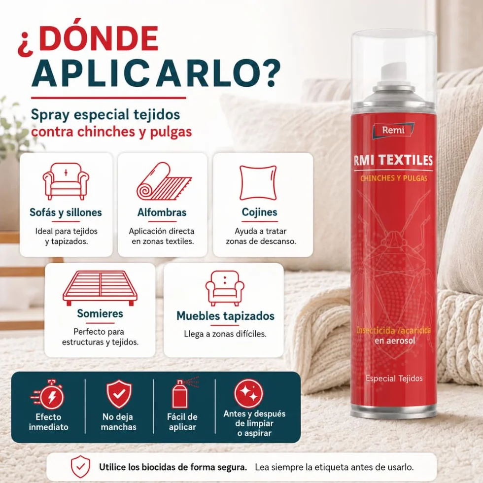 Remi Hogar Spray Anti Chinches y Pulgas Insecticida Aerosol Repelente Especial Tejidos