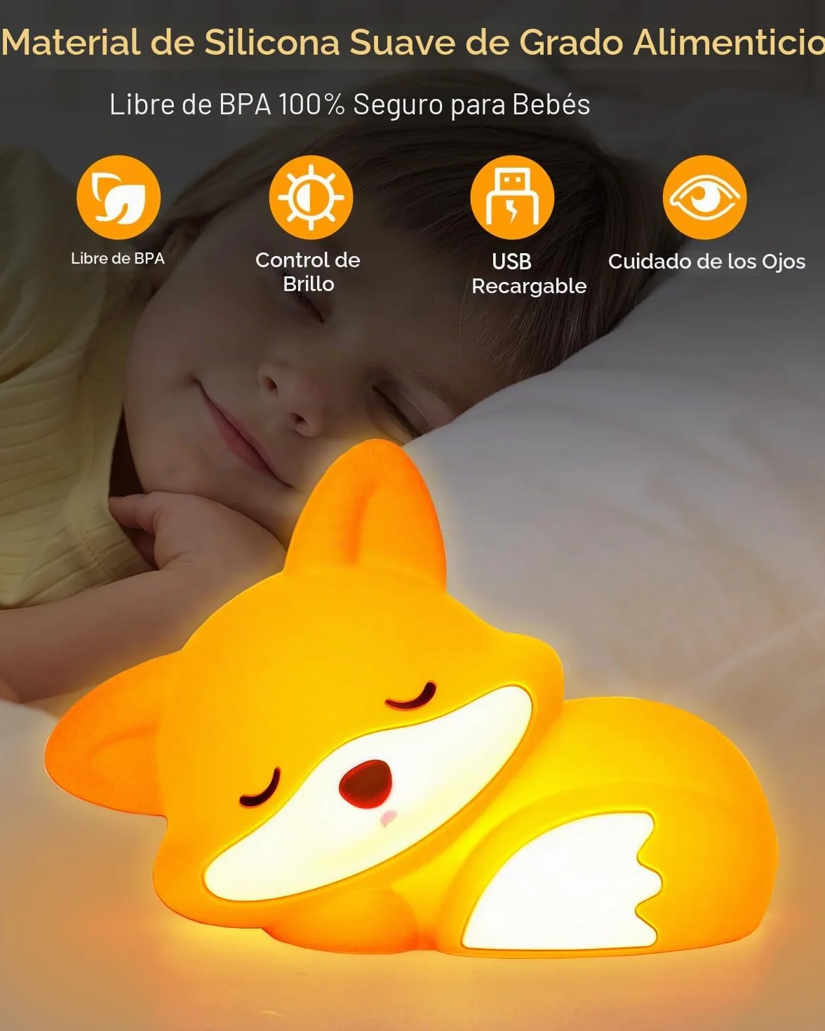 Amaredom Lámpara Infantil Zorro de Silicona Suave Luz Nocturna Bebé Brillo Regulable Apagado Automático 20 min