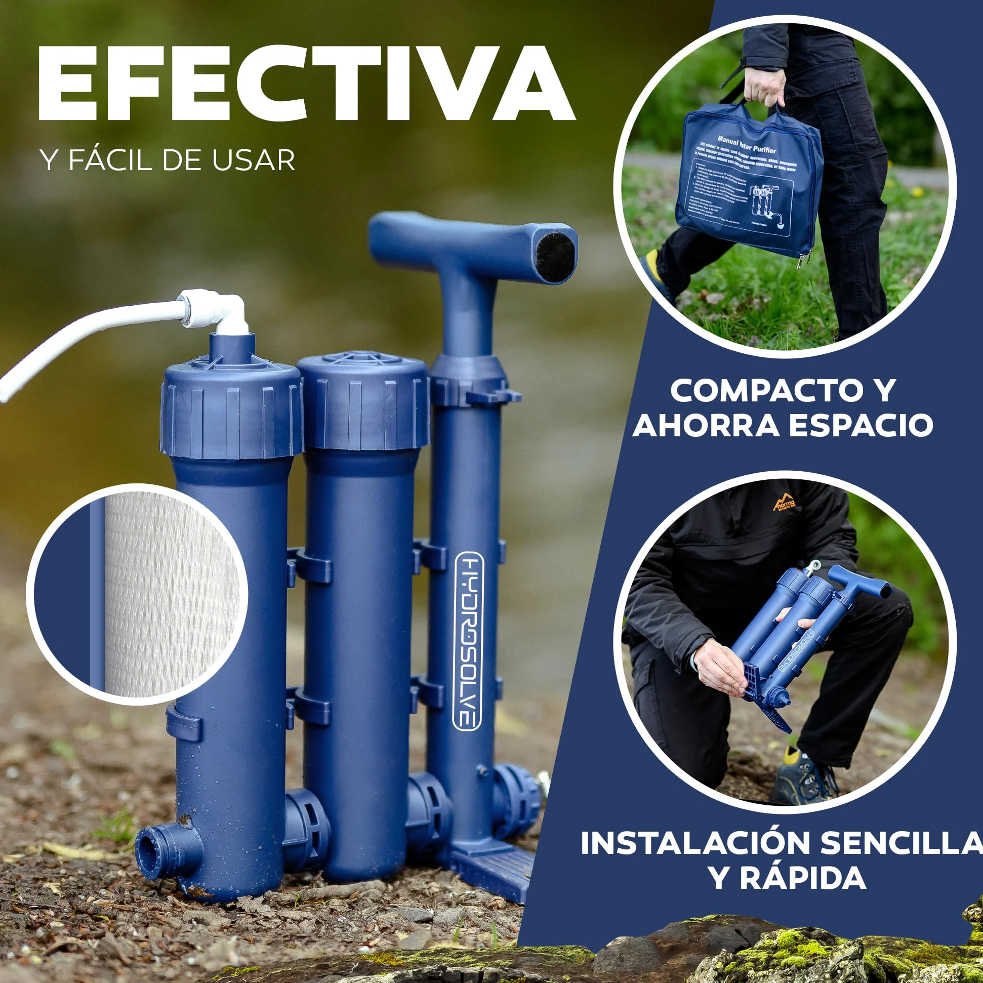 HYDROSOLVE - Filtro de agua portátil para exteriores, sistema de tratamiento de agua de emergencia con bomba de mano, filtración para senderismo y camping (filtro de agua)