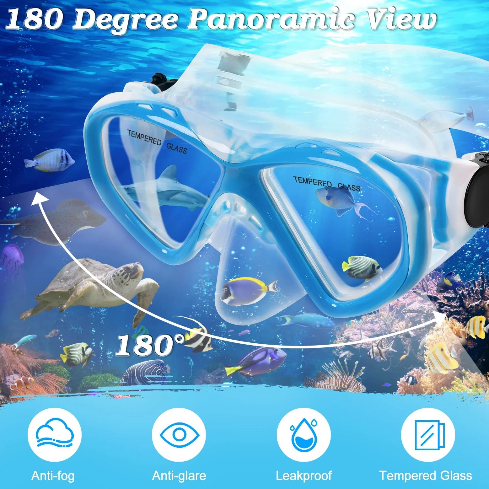 Juego de 2 juegos de esnórquel para niños, equipo de esnórquel para niños, jóvenes, niñas de 5 a 15 años, máscara de buceo de vidrio templado y juego de esnórquel, vista panorámica de 180 grados