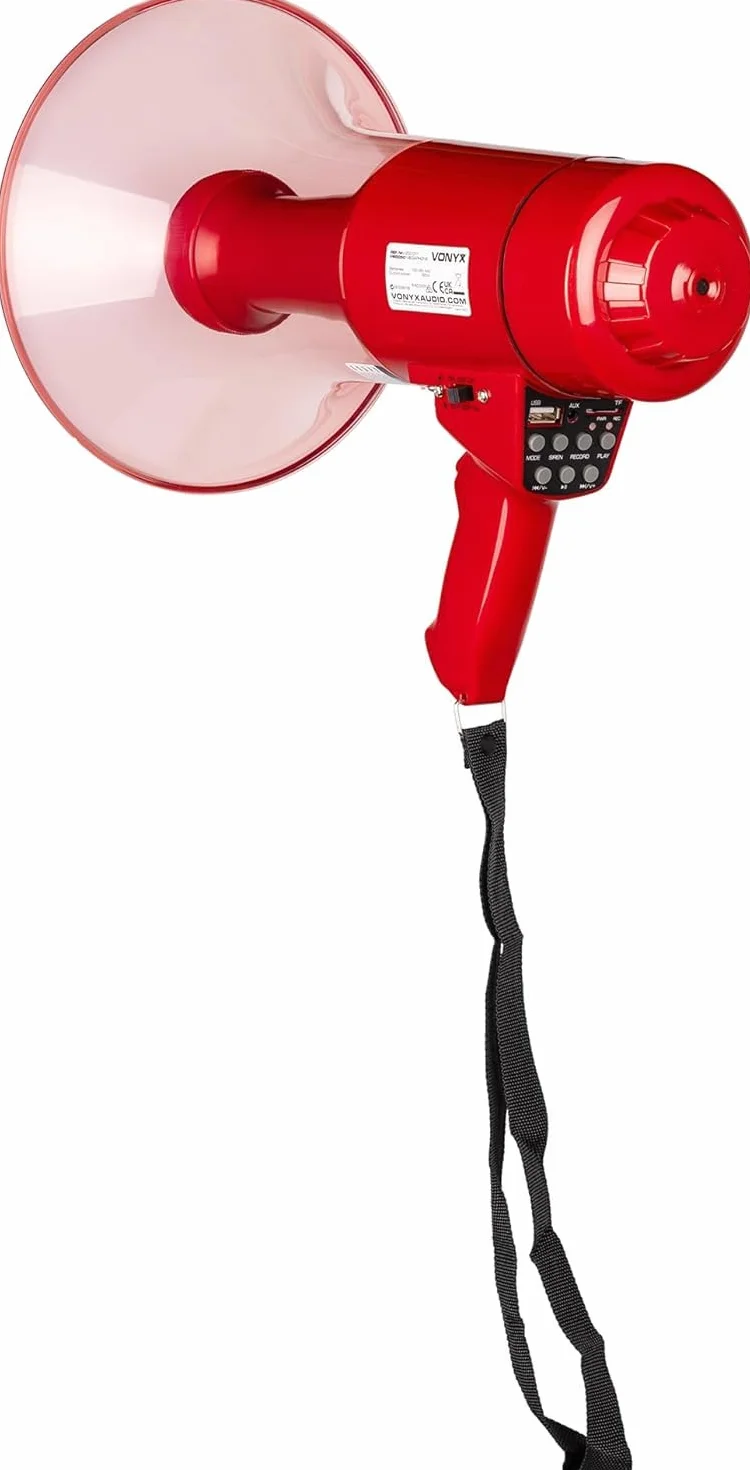 Vonyx MEG050 Megáfono 50W 1000m Alcance Batería Recargable Sirena Micrófono LED Bluetooth MP3 USB SD AUX Rojo