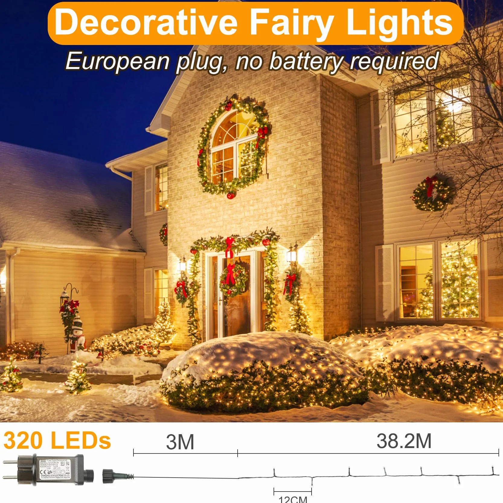 Realky Luces de Navidad 320 LED 38.2M 8 Modos con Control Remoto Blanco Cálido