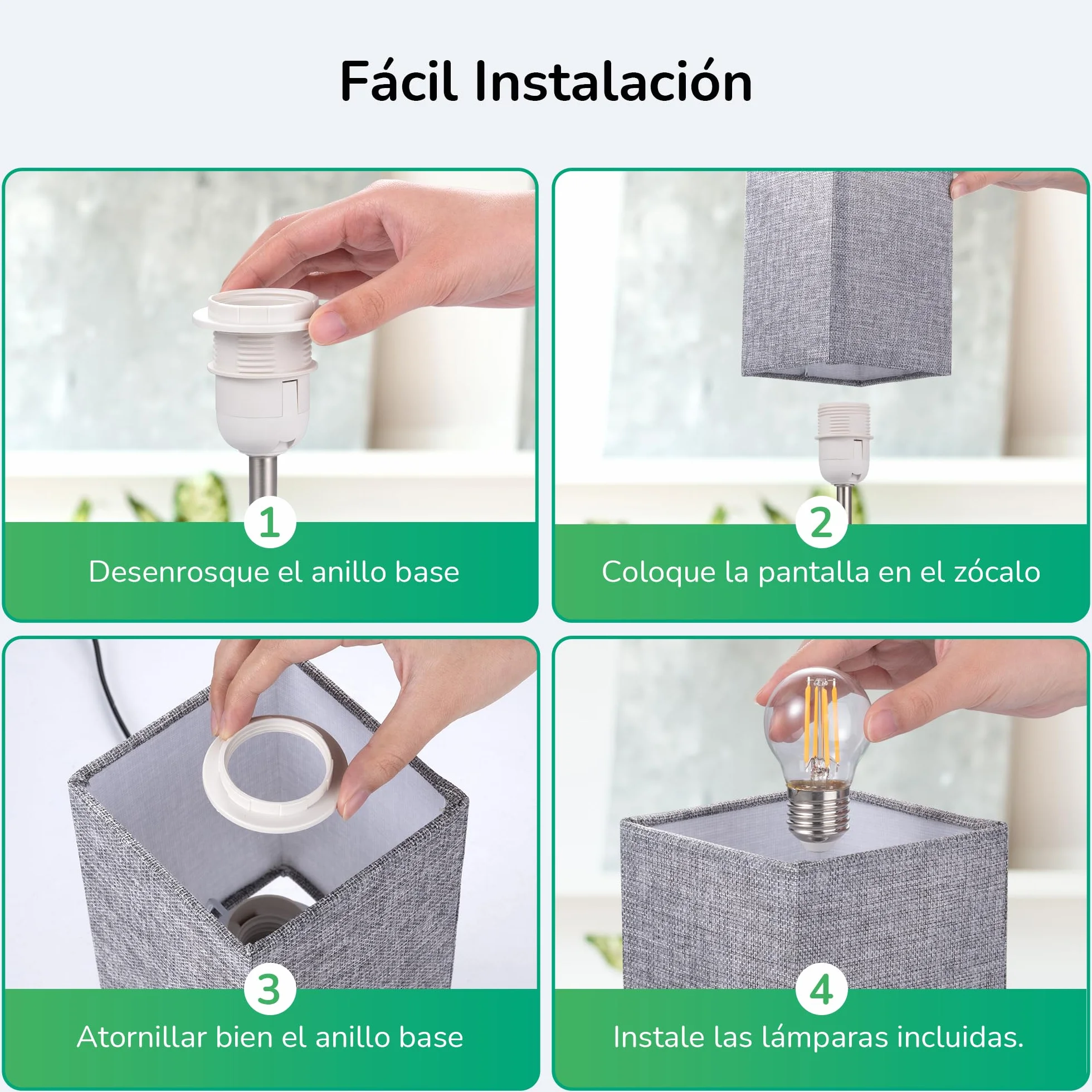 EDISHINE Lámpara de Noche LED Regulable Táctil 2 Lámparas de Mesa Modernas con Puertos USB Gris