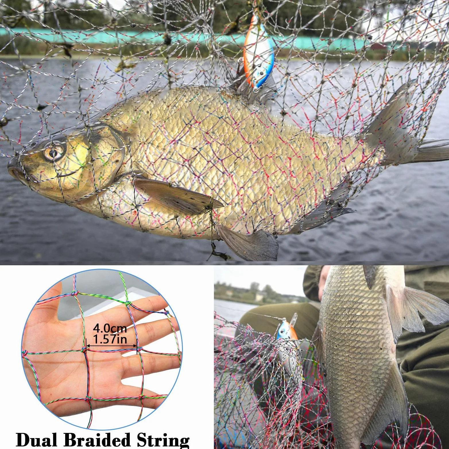 Red de pesca de puente y muelle, diseño resistente para peces grandes, red de pesca portátil con cuerda, aro de acero suave grueso, red colorida de doble línea, cuerda y bolsa de