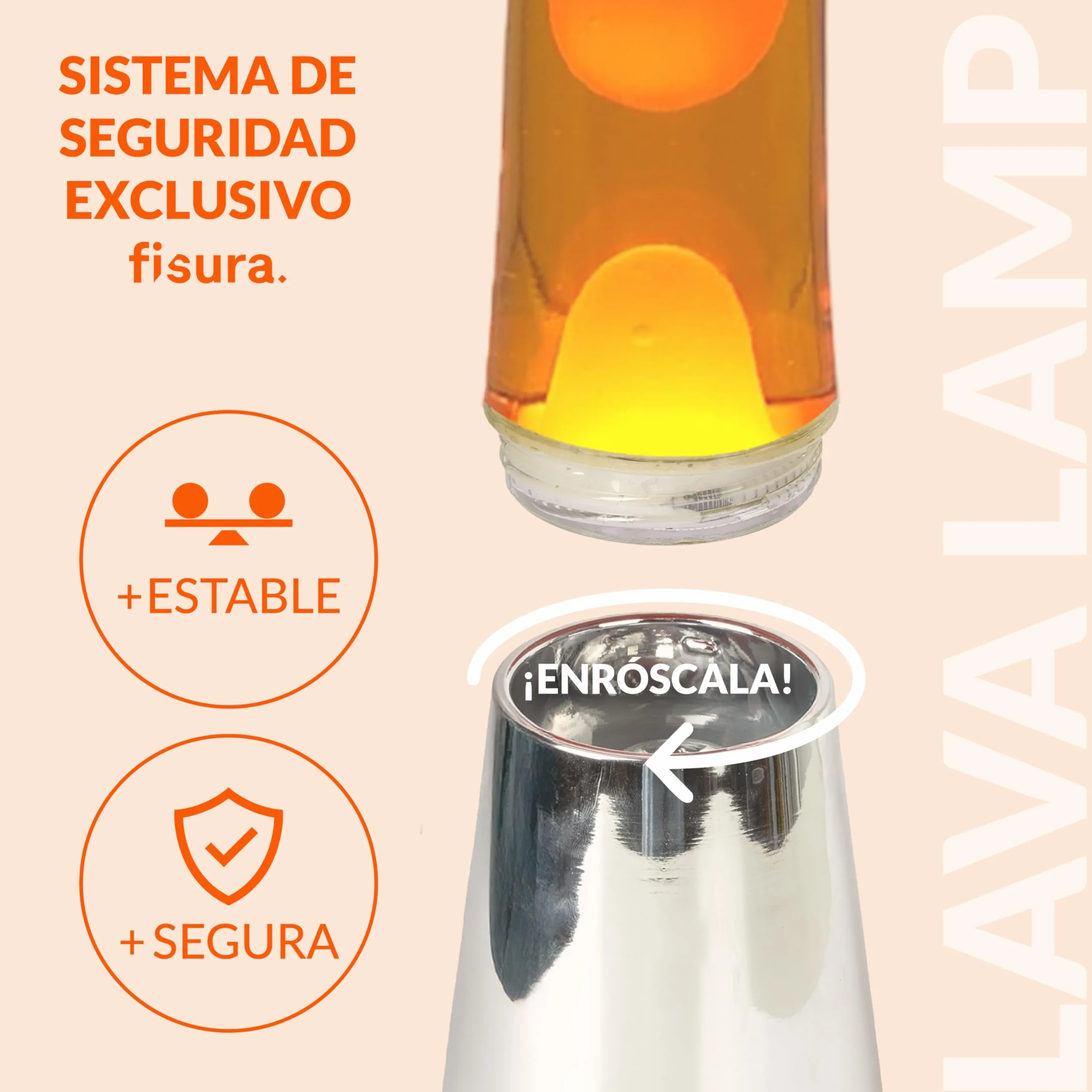 Fisura Lámpara de lava naranja base plateada cromada 11x11x39,5 cm con bombilla de repuesto