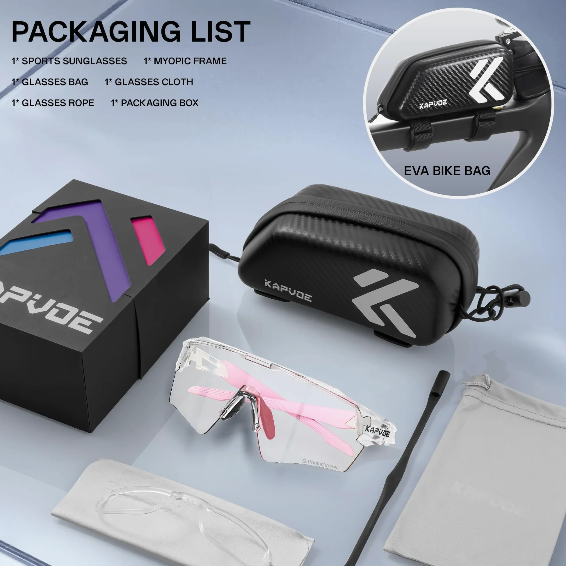 KAPVOE Gafas de Ciclismo Fotocromáticas UV400 TR90 Hombre Mujer K198 | Transición fotocromática, UV400, diseño de media montura, patillas con núcleo metálico