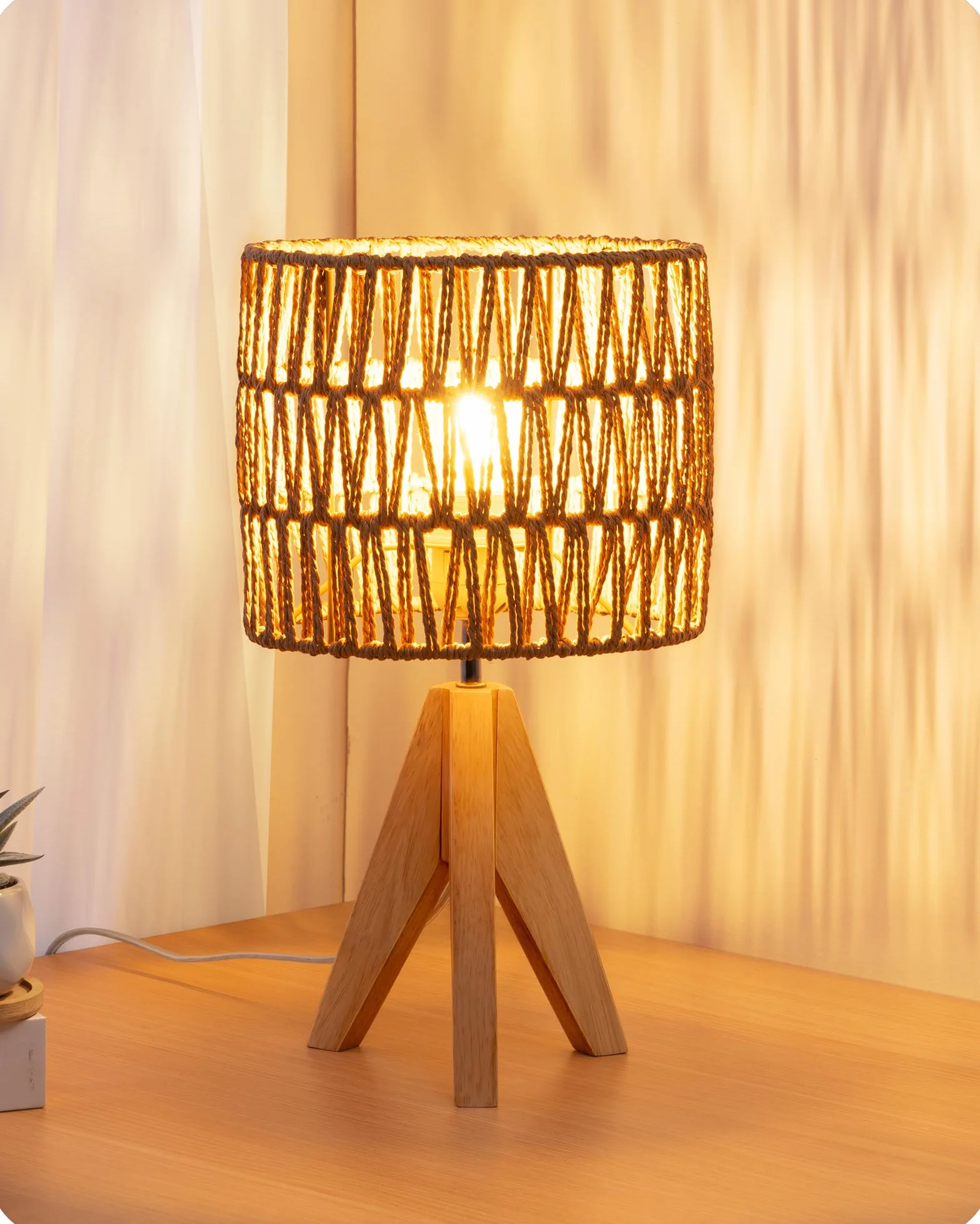 EDISHINE Lámpara de Mesa Pantalla de Lino Blanco Base de Madera Natural E27 Bombilla LED 2700K Incluida