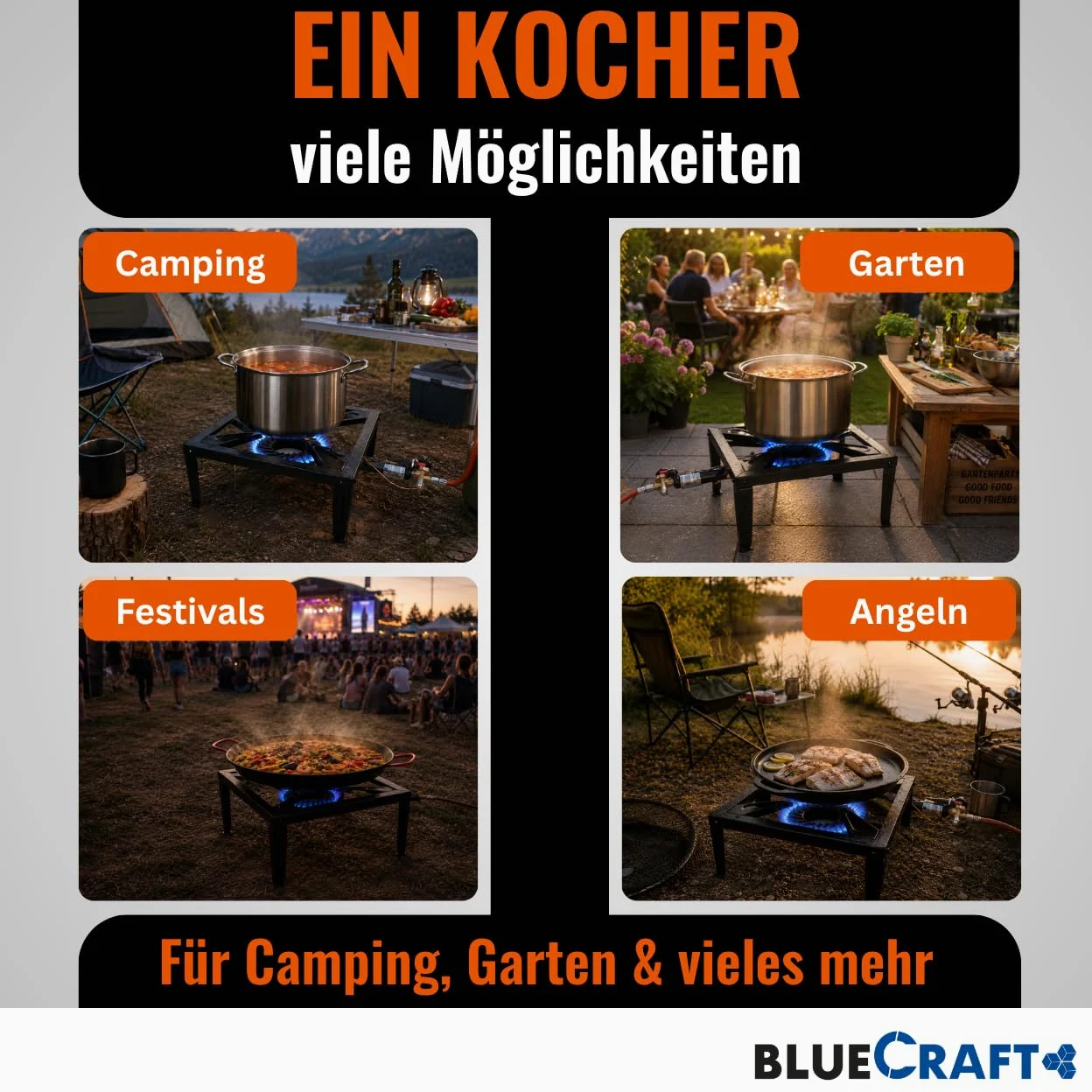 Bluecraft - Hornillo de gas de 10,5 kW para bombona de gas con seguro de encendido y encendido piezoeléctrico, incluye manguera de gas de 150 cm y regulador de gas de 50 mbar, cocina profesional para