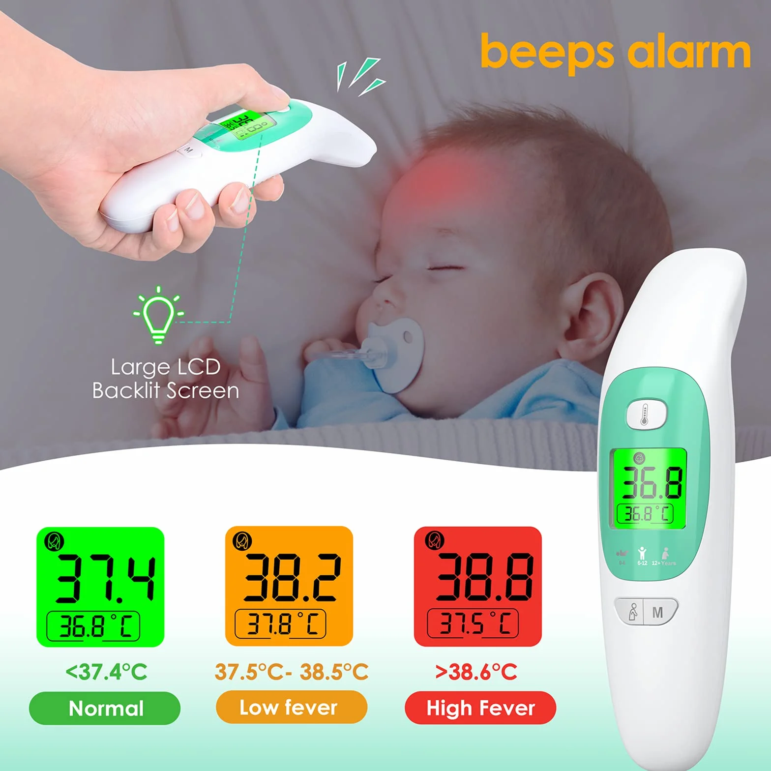Termómetro Digital Infrarrojos para Bebés Niños Adultos, Frente y Oído con Alarma de Fiebre, ℃ ℉ Conmutable