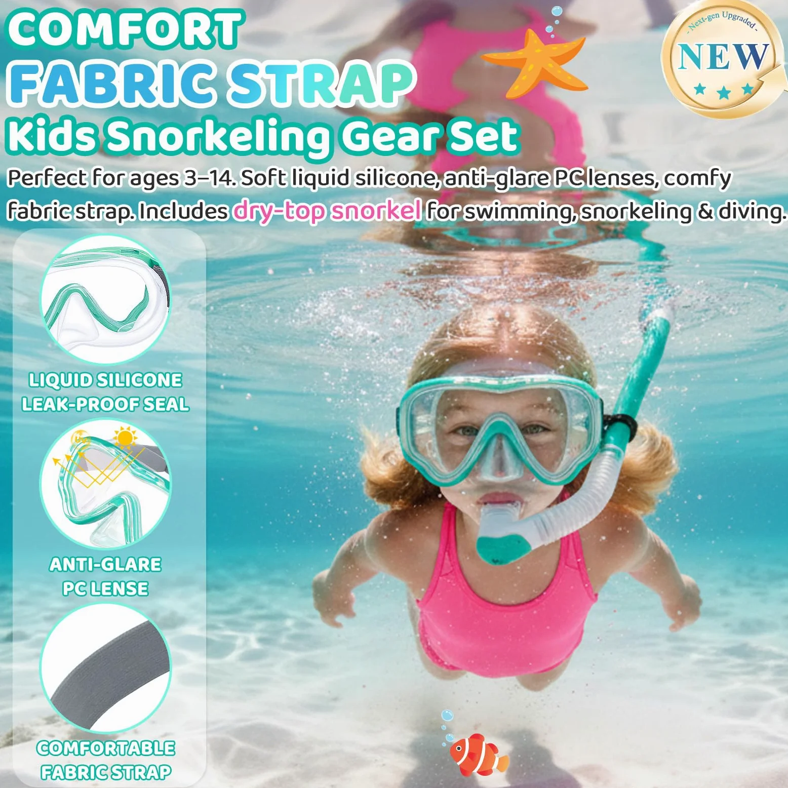 VVINCA Juego de esnórquel para niños de 4 a 14 años, equipo de esnórquel para niños y jóvenes, máscara de buceo con ojos grandes para niños y niñas, máscara de esnórquel antivaho y juego de esnórquel