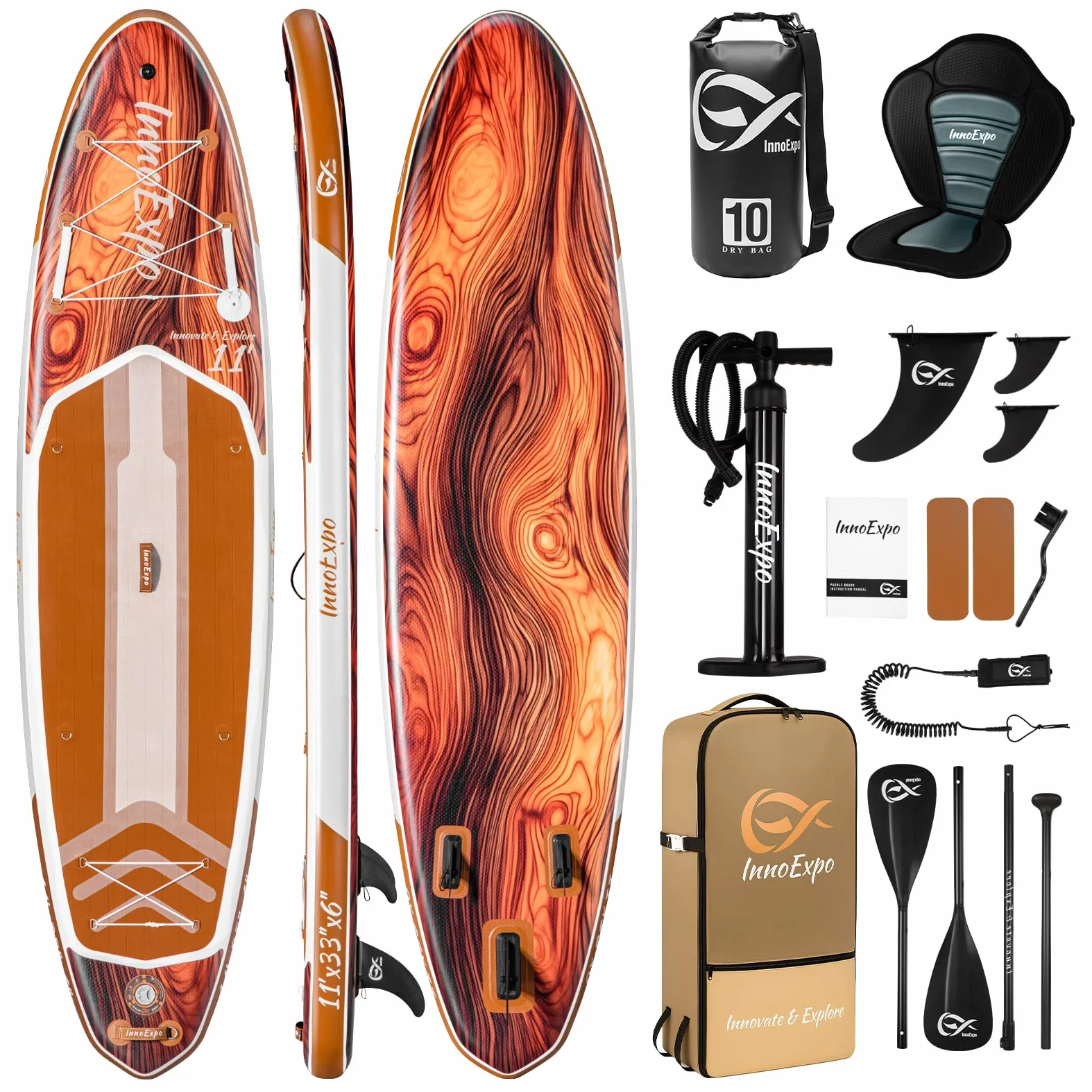 InnoExpo Tablas de remo inflables de 11 pies con accesorios de primera calidad, diseño de tabla de remo SUP ancha y estable, cubierta antideslizante y cómoda para jóvenes y adultos