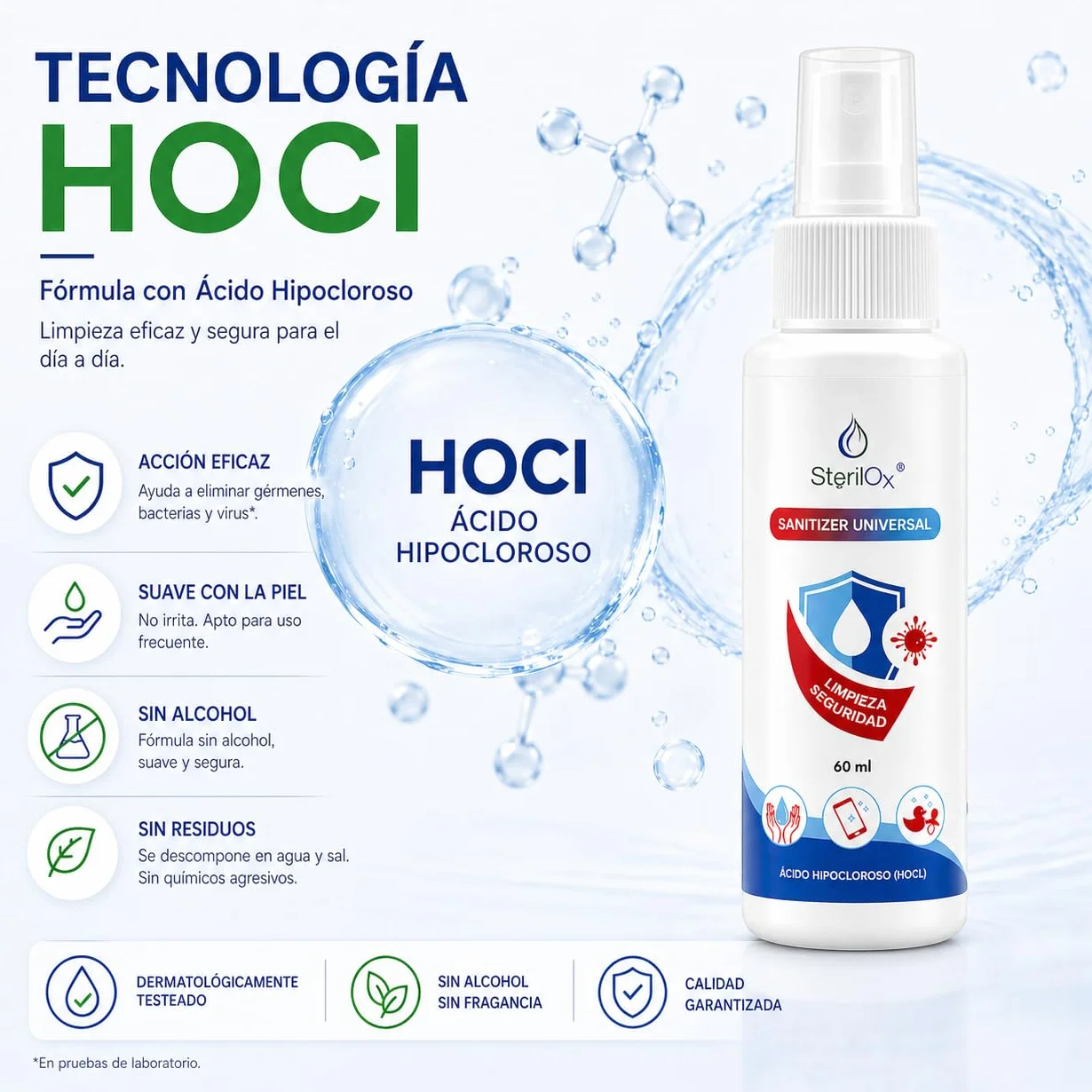 Spray 3 x 60 ml Solución Cosmética con Ácido Hipocloroso para Manos, Juguetes, Utensilios - Seguro para Niños y Mascotas