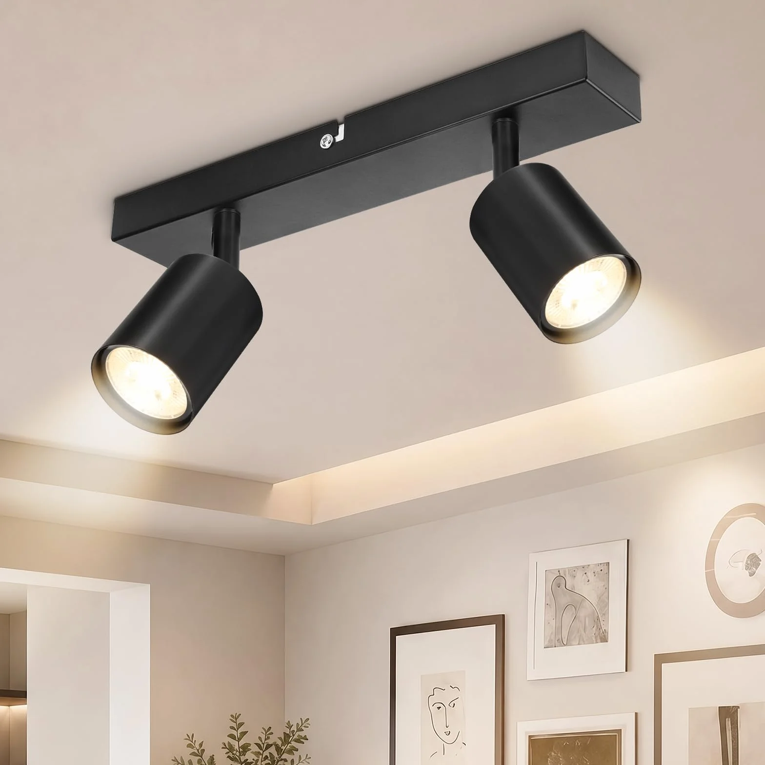 Lámpara de Techo 2 Focos Giratorios GU10, Lámpara de Pared LED Negro Ajustable, Iluminación Interior Dormitorio Pasillo Cocina