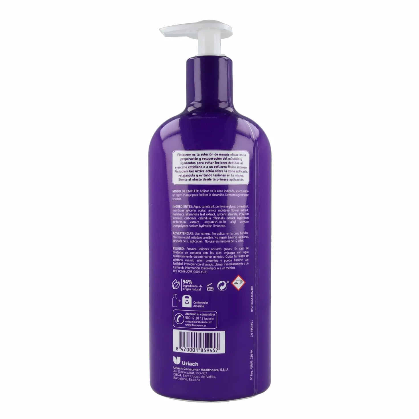 FISIOCREM GEL ACTIVE 600ml Crema Masaje Músculos y Ligamentos con Melaleuca, Árnica, Hypericum, Calendula