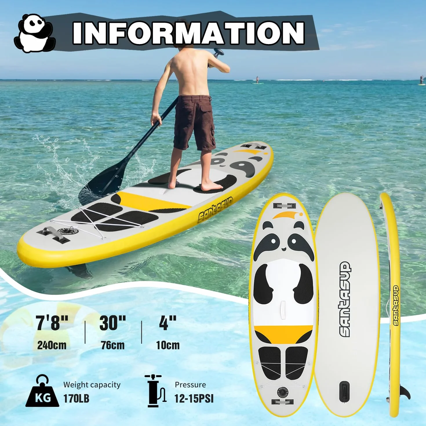 Tabla de Remo Inflable para niños, Panda Azul de 8 pies con Accesorios de Tabla de Remo para niños, Tabla de Remo Duradera, diseño Estable, Amplia Cubierta Antideslizante, Bomba de Mano para