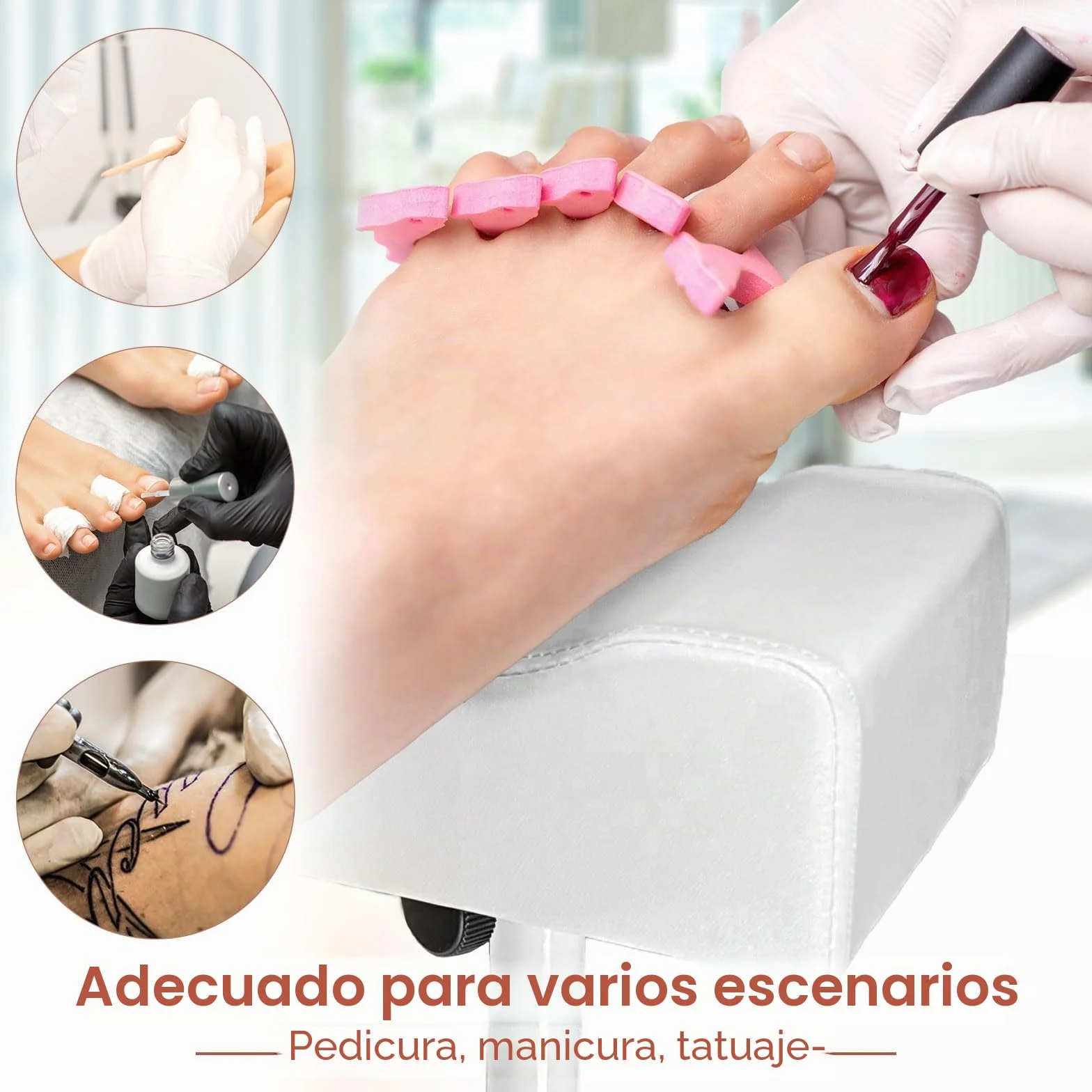 Taburete de pedicura ajustable en altura para salón de uñas, blanco